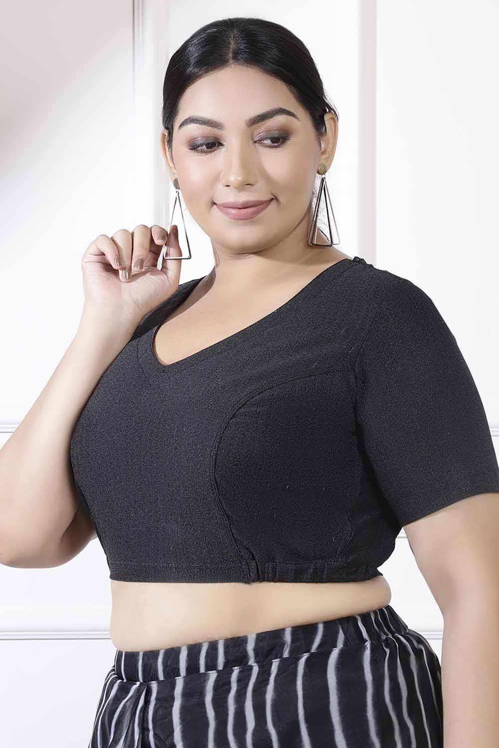 Plus Size Black Shimmer Readymade Blouse for Women