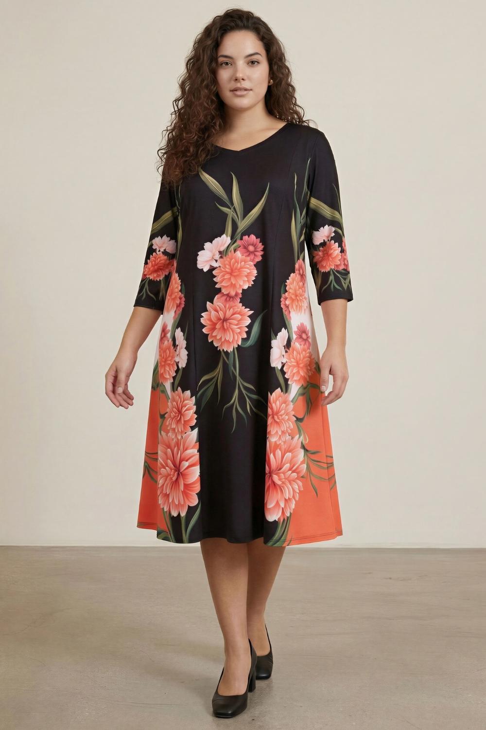 Plus Size Black & Coral Floral Printed A-Line Dress