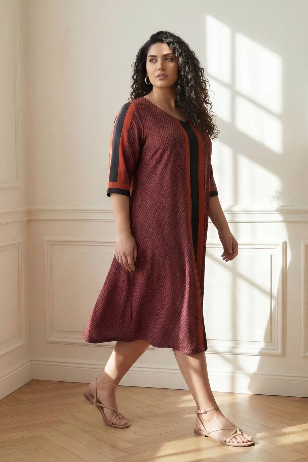 Plus Size Rust Geometric Print A-Line Dress