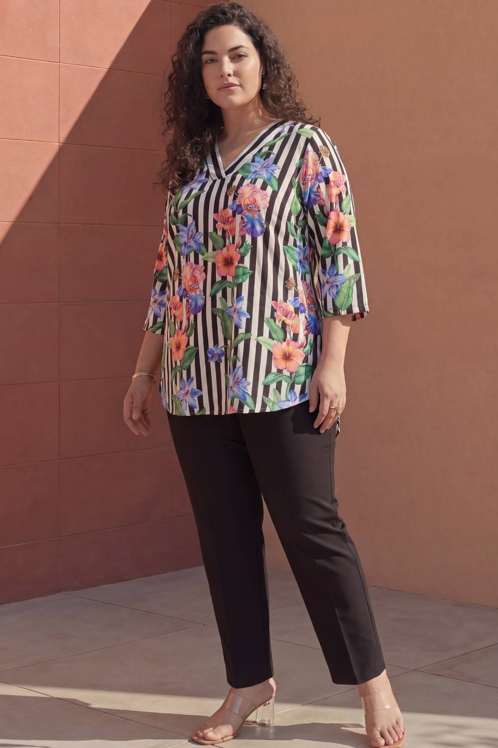 Plus Size Black Floral Stripes Top