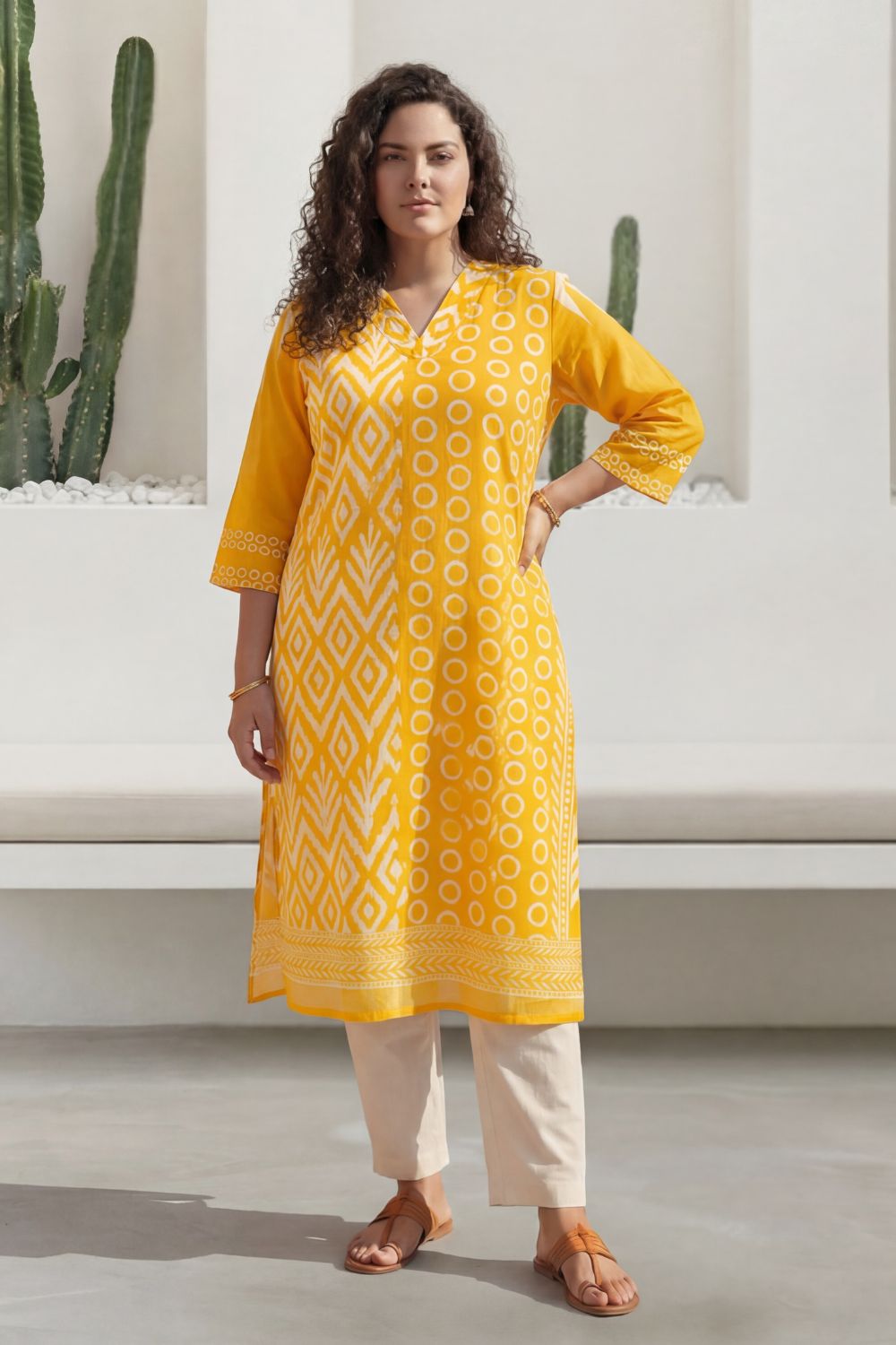 Plus Size Yellow Ikat Print Cotton V-Neck Kurta