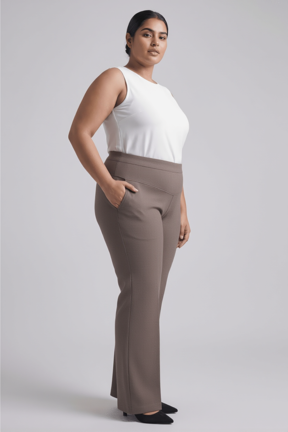 Plus Size Brownish Grey Tummy Shaper Flare Pants