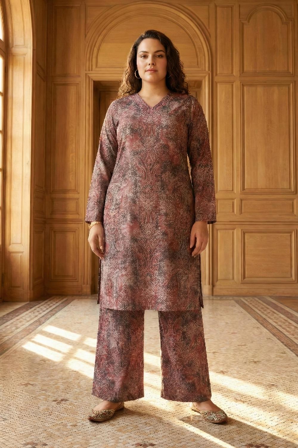 Plus Size Maroon Paisley SnugWeave™ Winter Kurta Coord Set