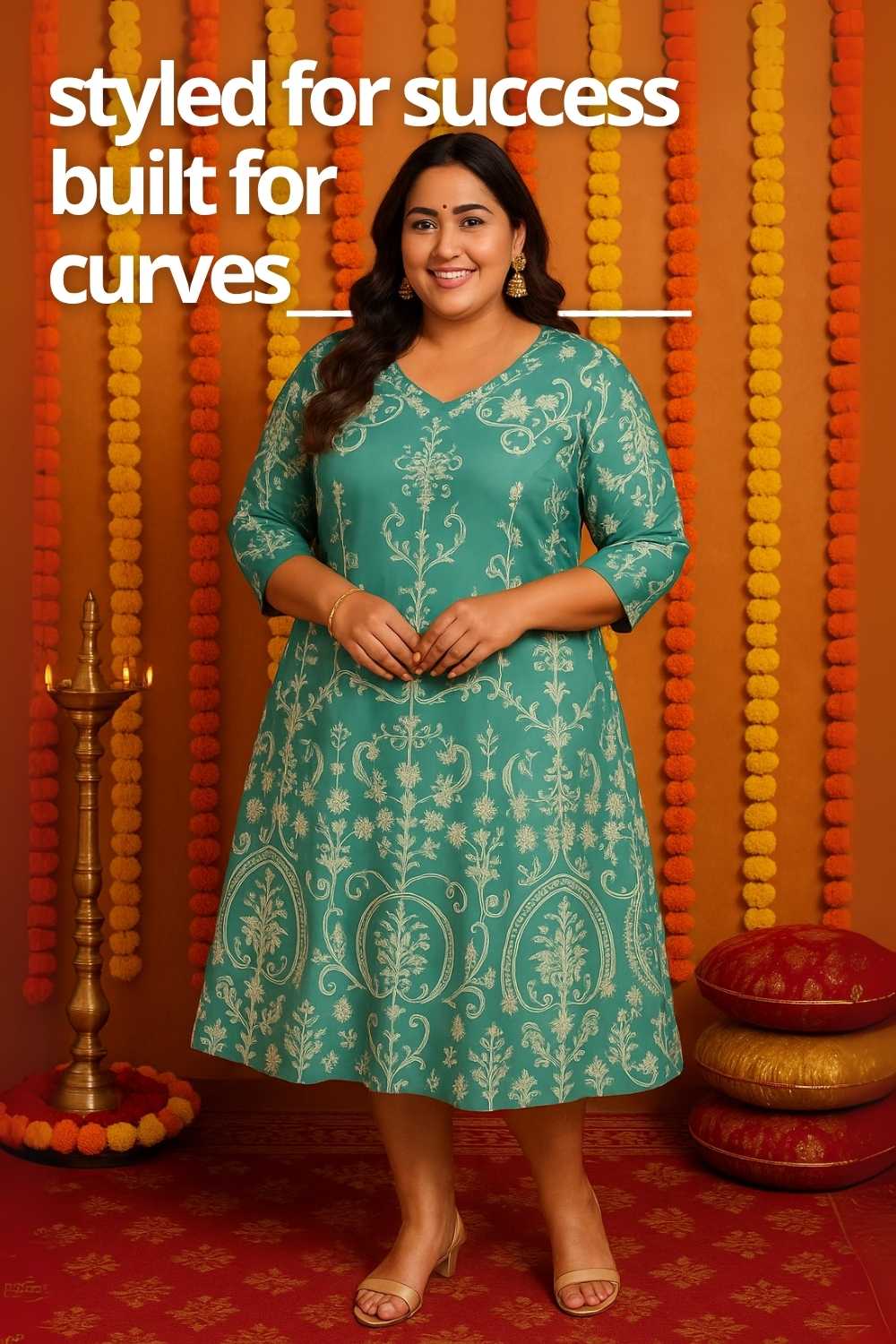 Plus Size Green Ethnic Print A line Dress