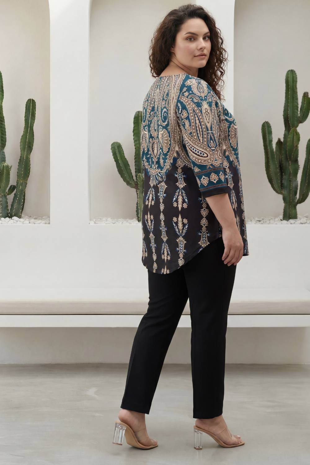 Plus Size Black Luxe Ethnic Print Centre Pleat Top