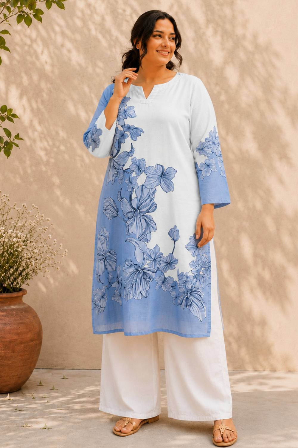 Plus Size Blue Floral Print Cotton Kurti
