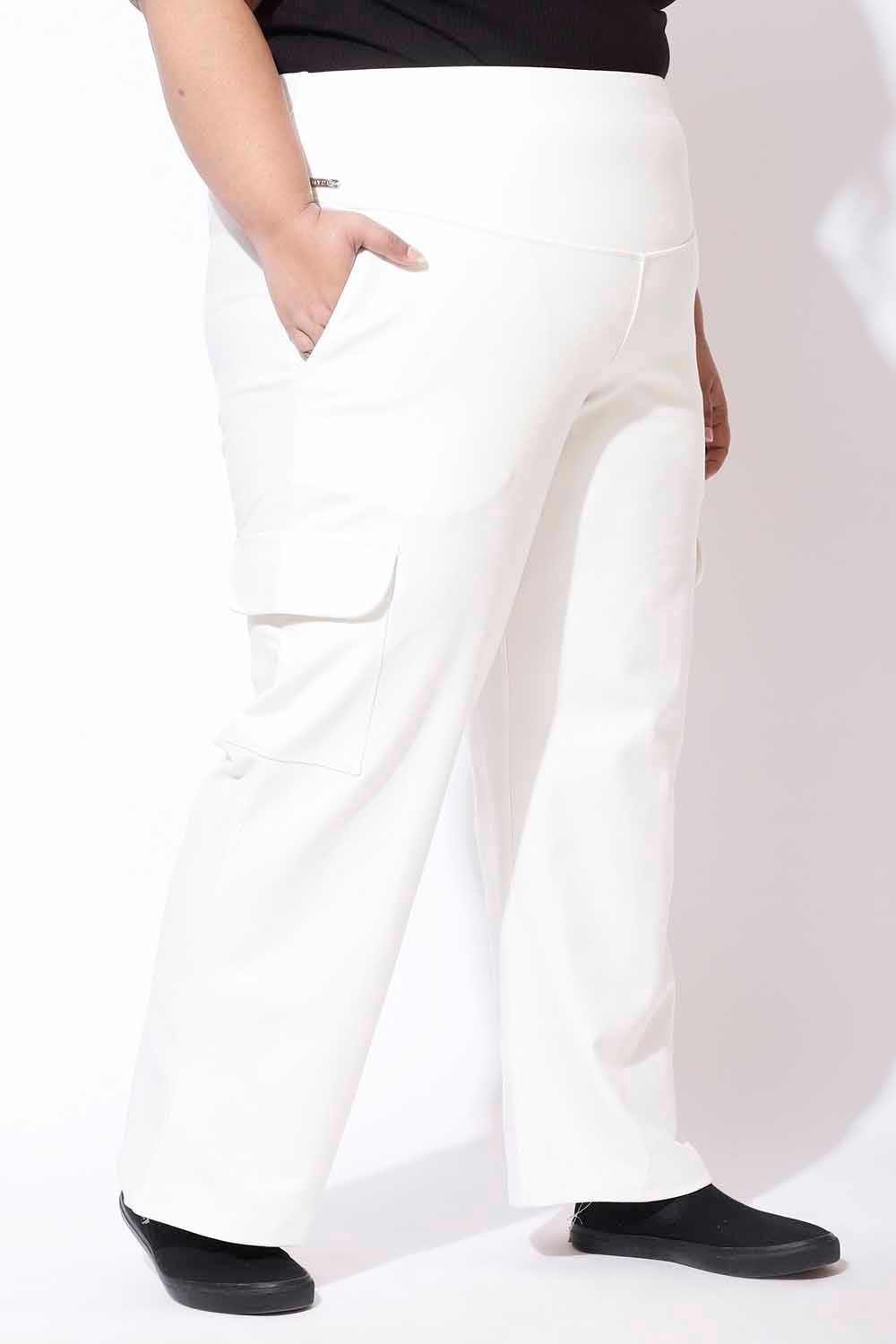White Tummy Shaper Cargo Pants for Women