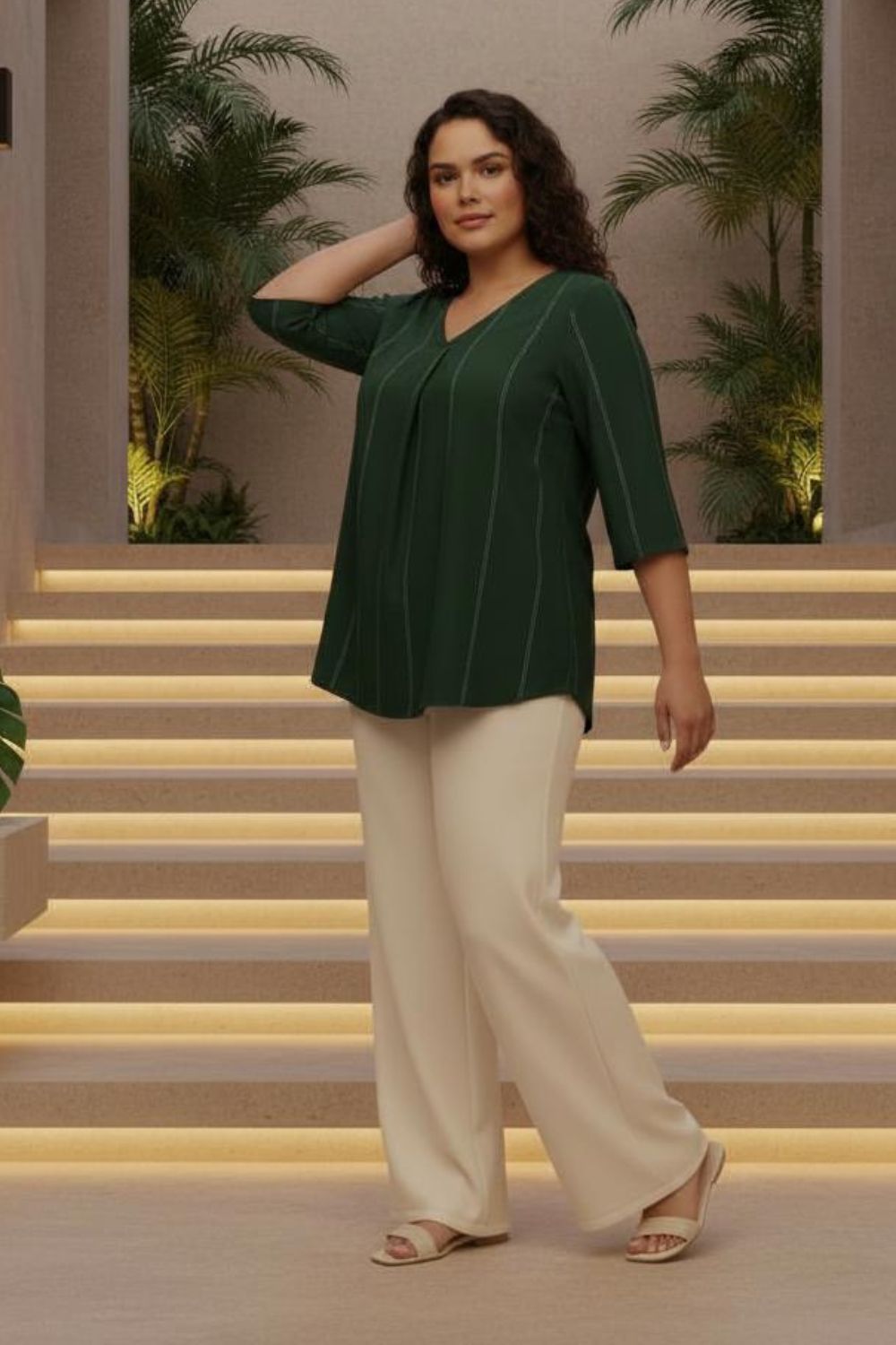 Plus Size Emerald Green Golden Pin Striped V Neck Top