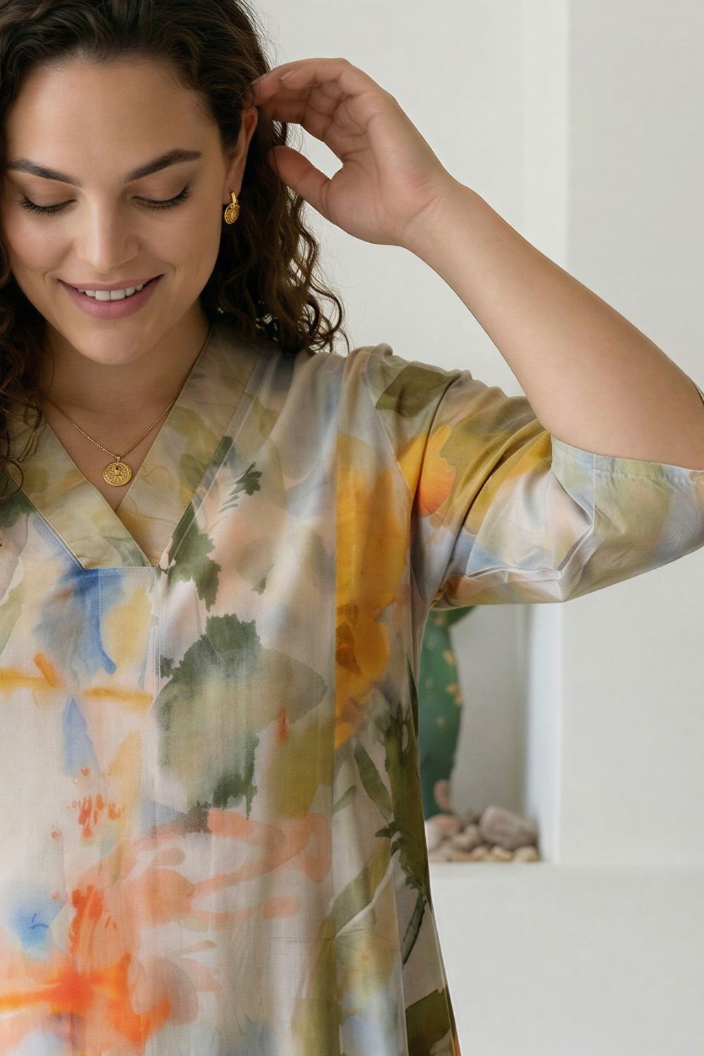 Plus Size Pastel Abstract Print Cotton Midi Dress