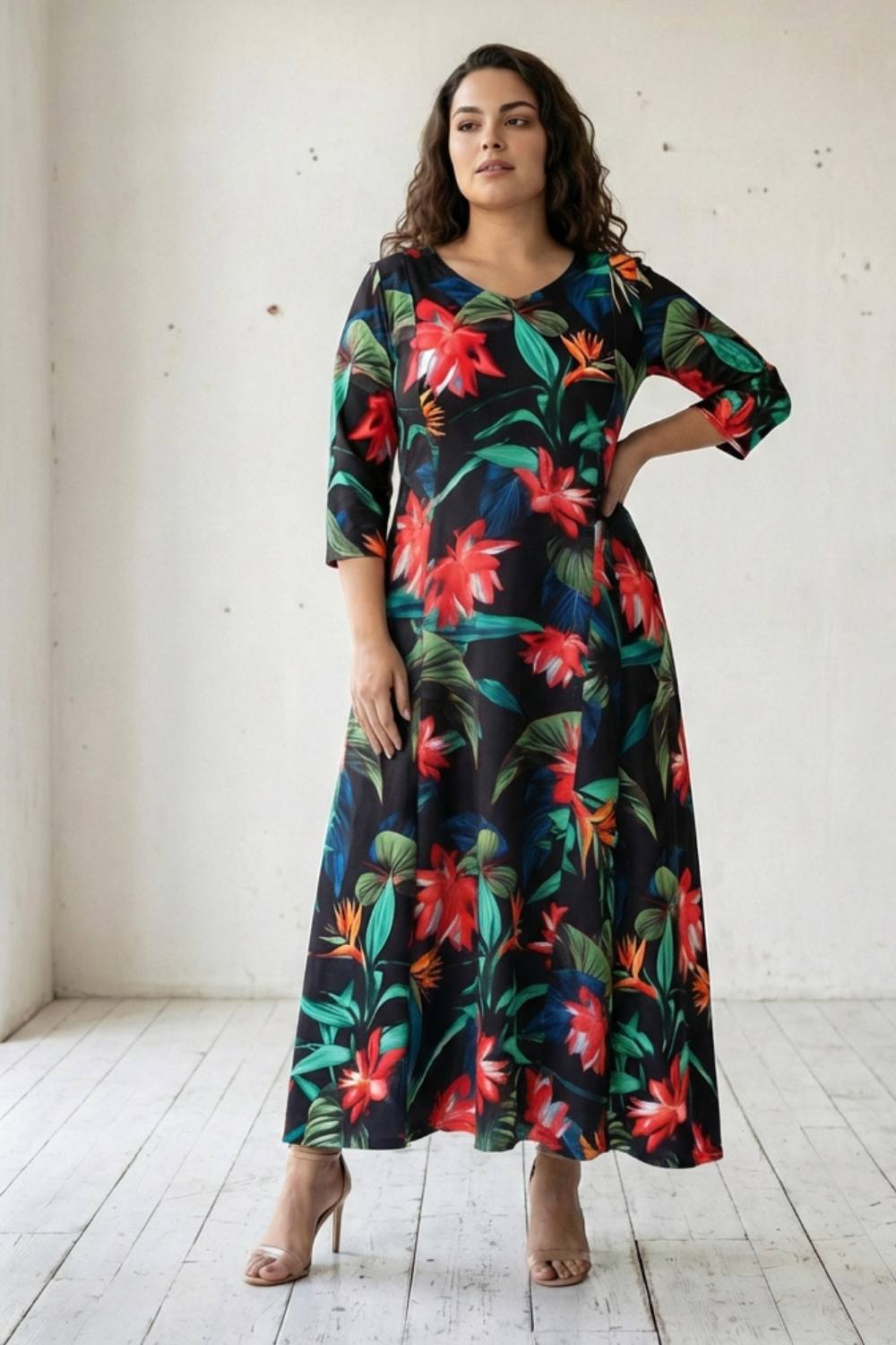 Plus Size Black Tropical Print Maxi Dress