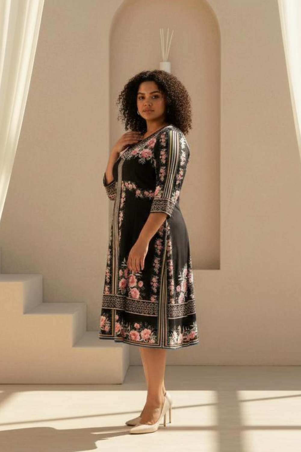 Plus Size Black Floral Printed A Line Dress