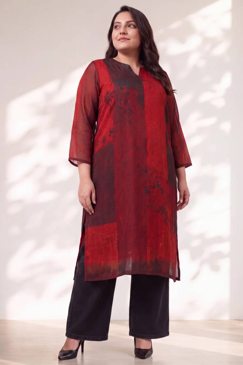 Plus Size Red and Deep Black Abstract Textured Print Satin Georgette Kurta
