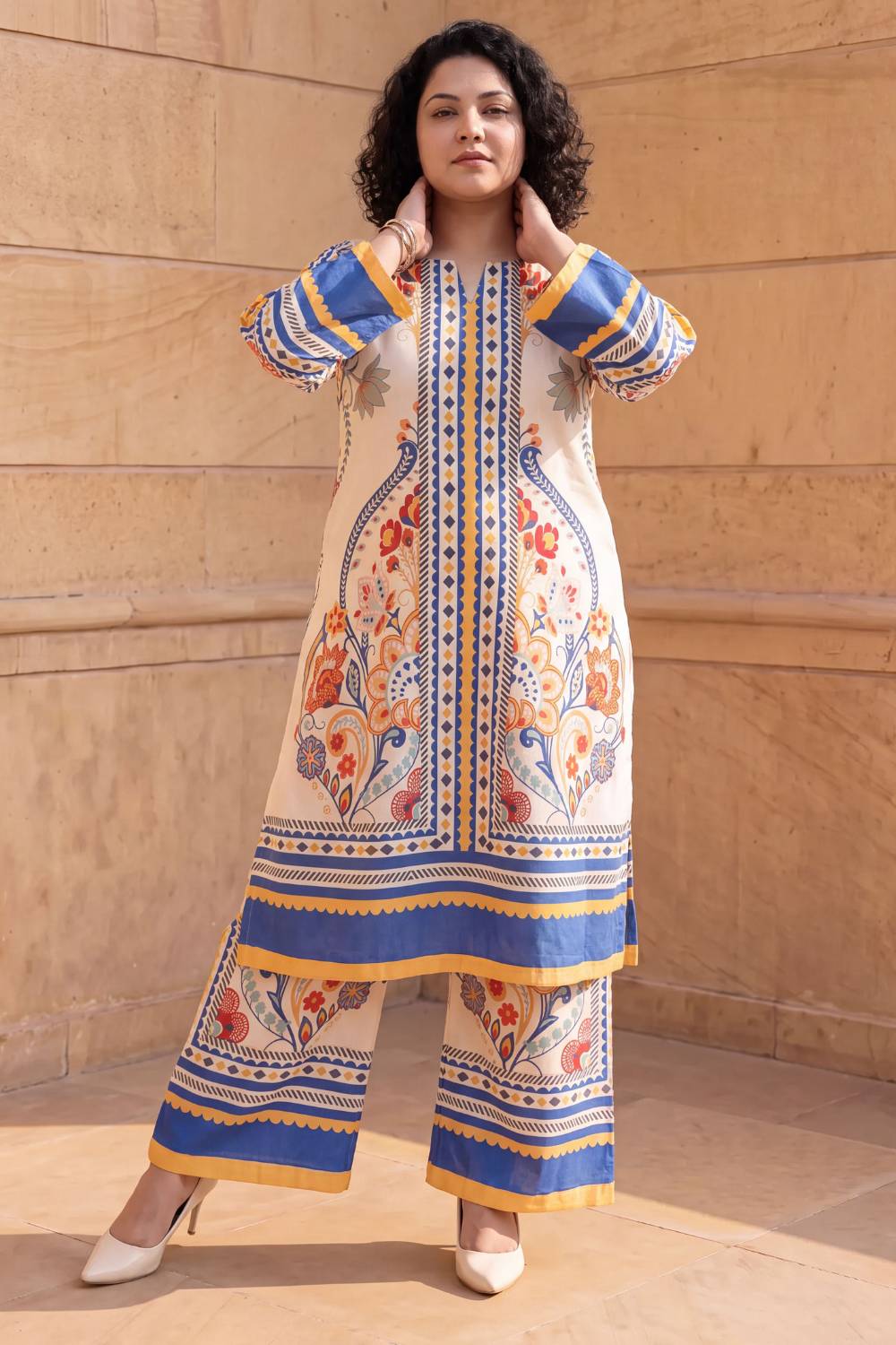 Plus Size Beige Ethnic Floral Print Cotton Kurta Coord Set
