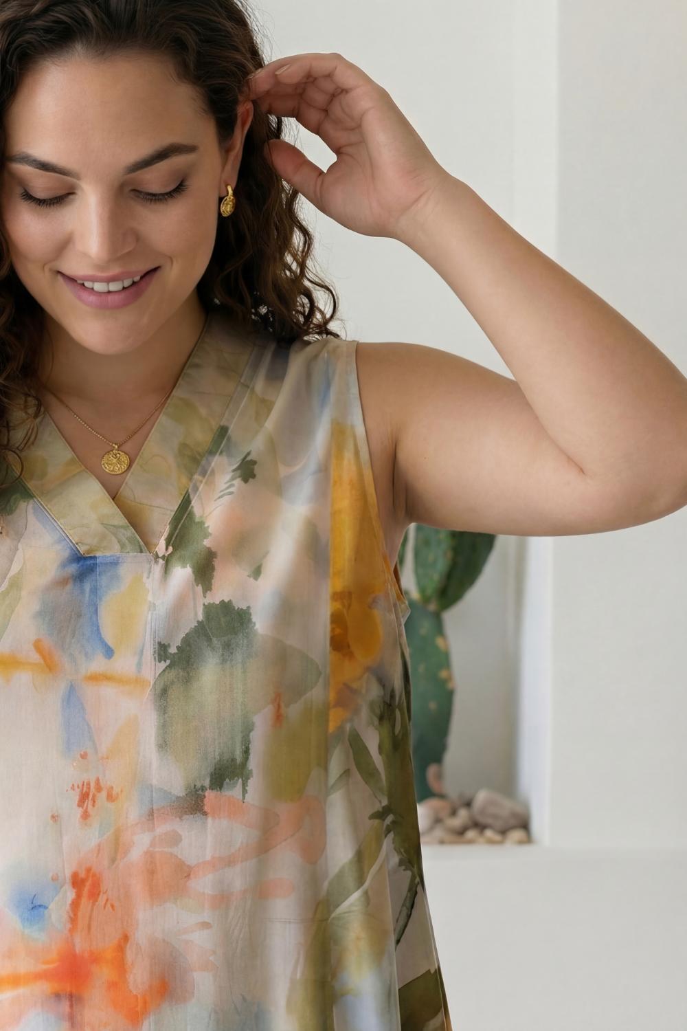 Plus Size Pastel Abstract Print Sleeveless Cotton Midi Dress