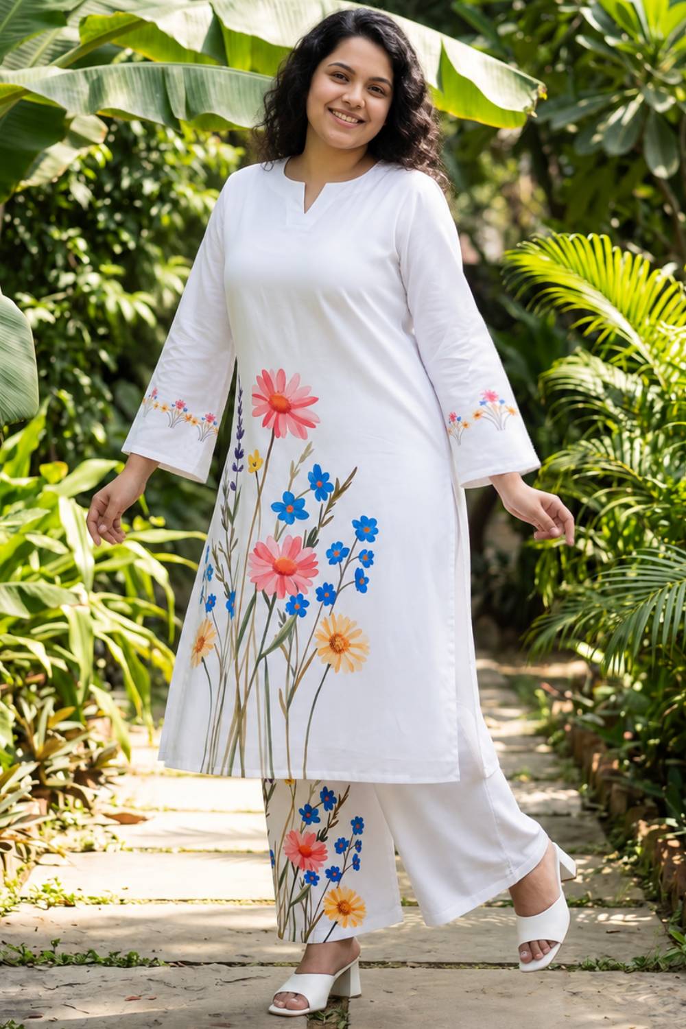 Plus Size White Floral Print Cotton Coord Set