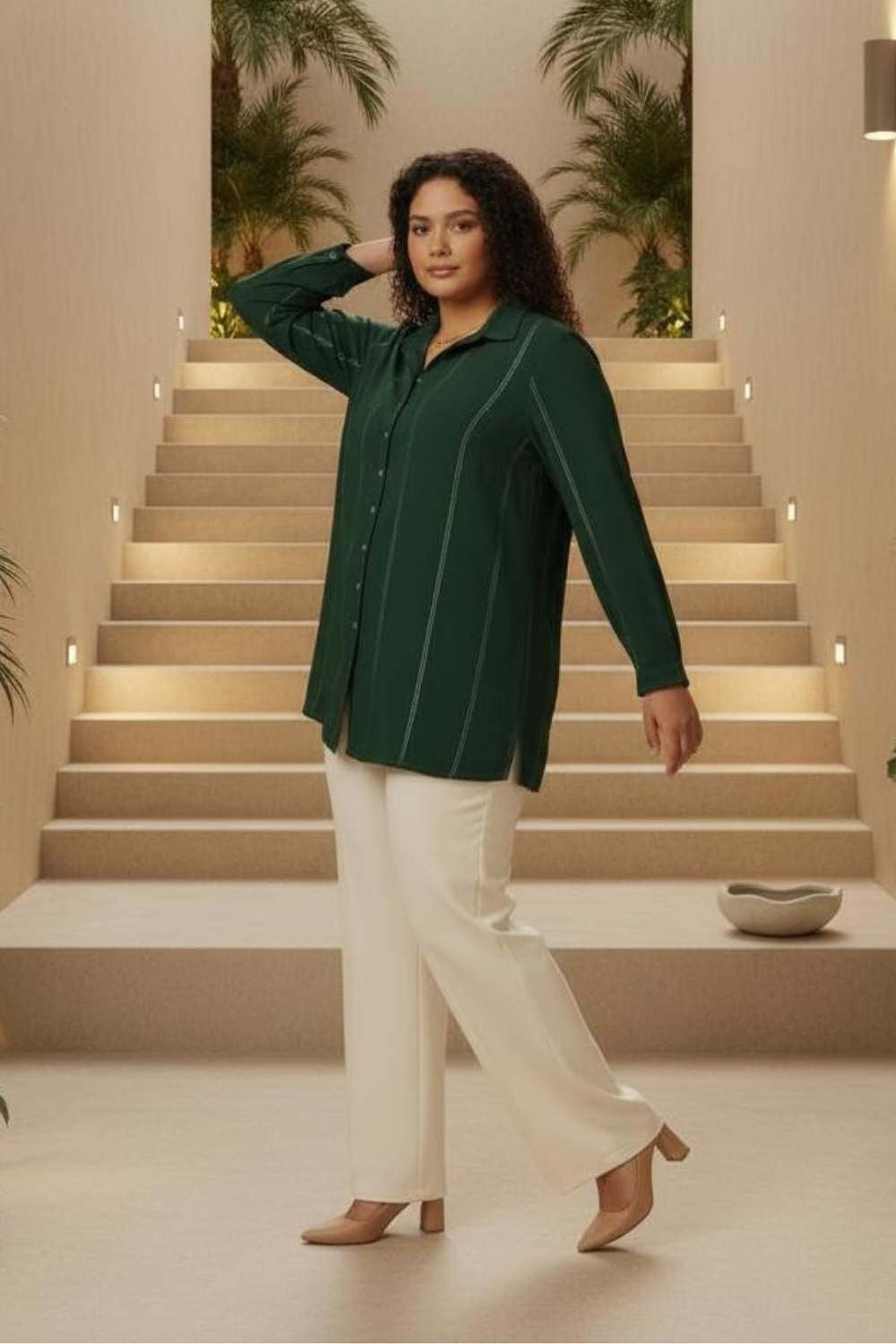 Plus Size Emerald Green Golden Pin Striped High Slit Longline Shirt