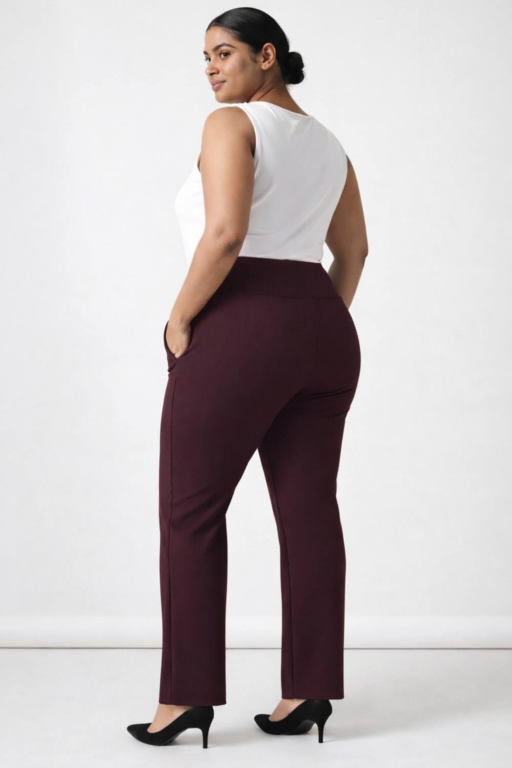 Plus Size Wine Tummy Shaper Straight Fit Pants
