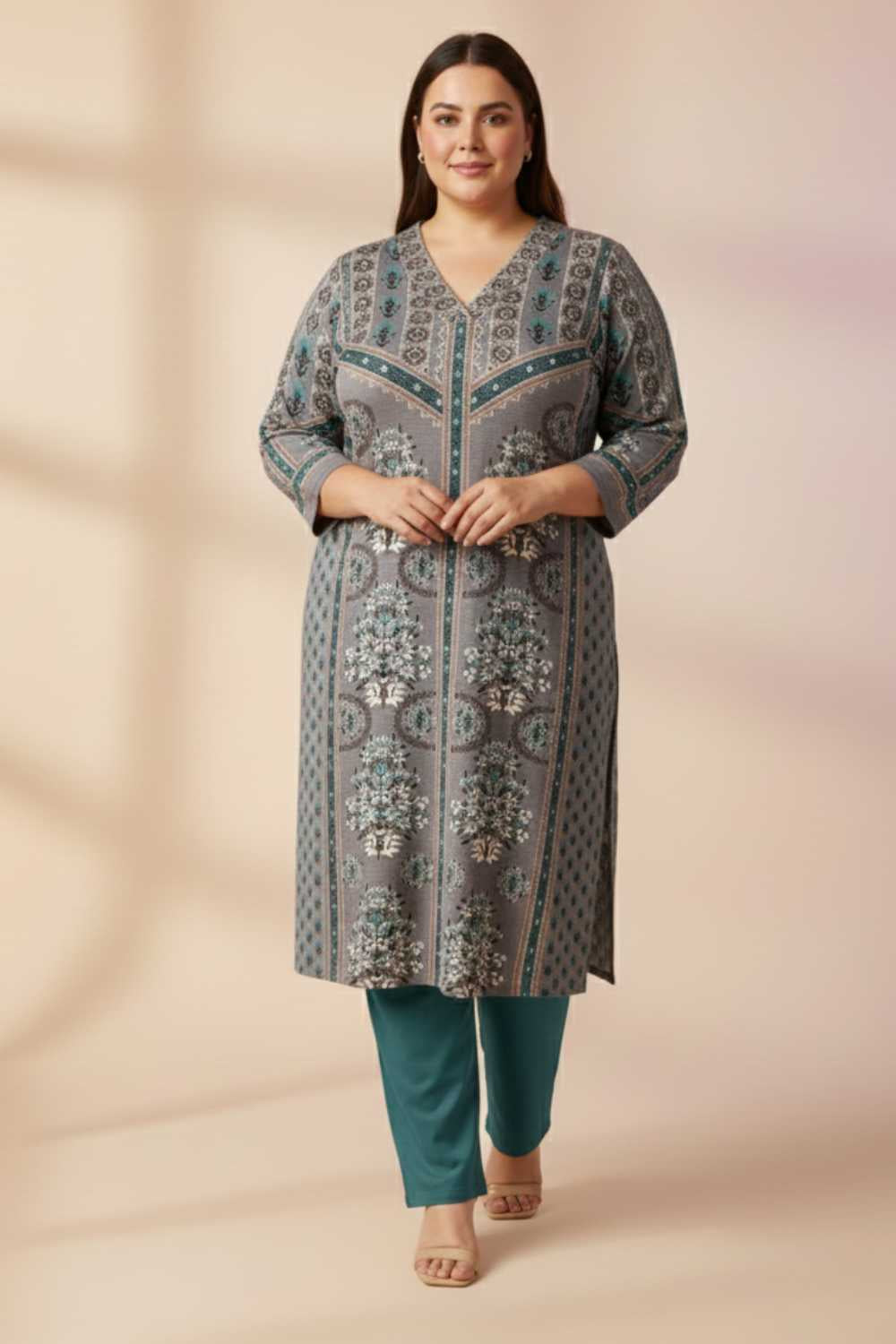 Plus Size Blue Grey SnugWeave™ Winter Kurta