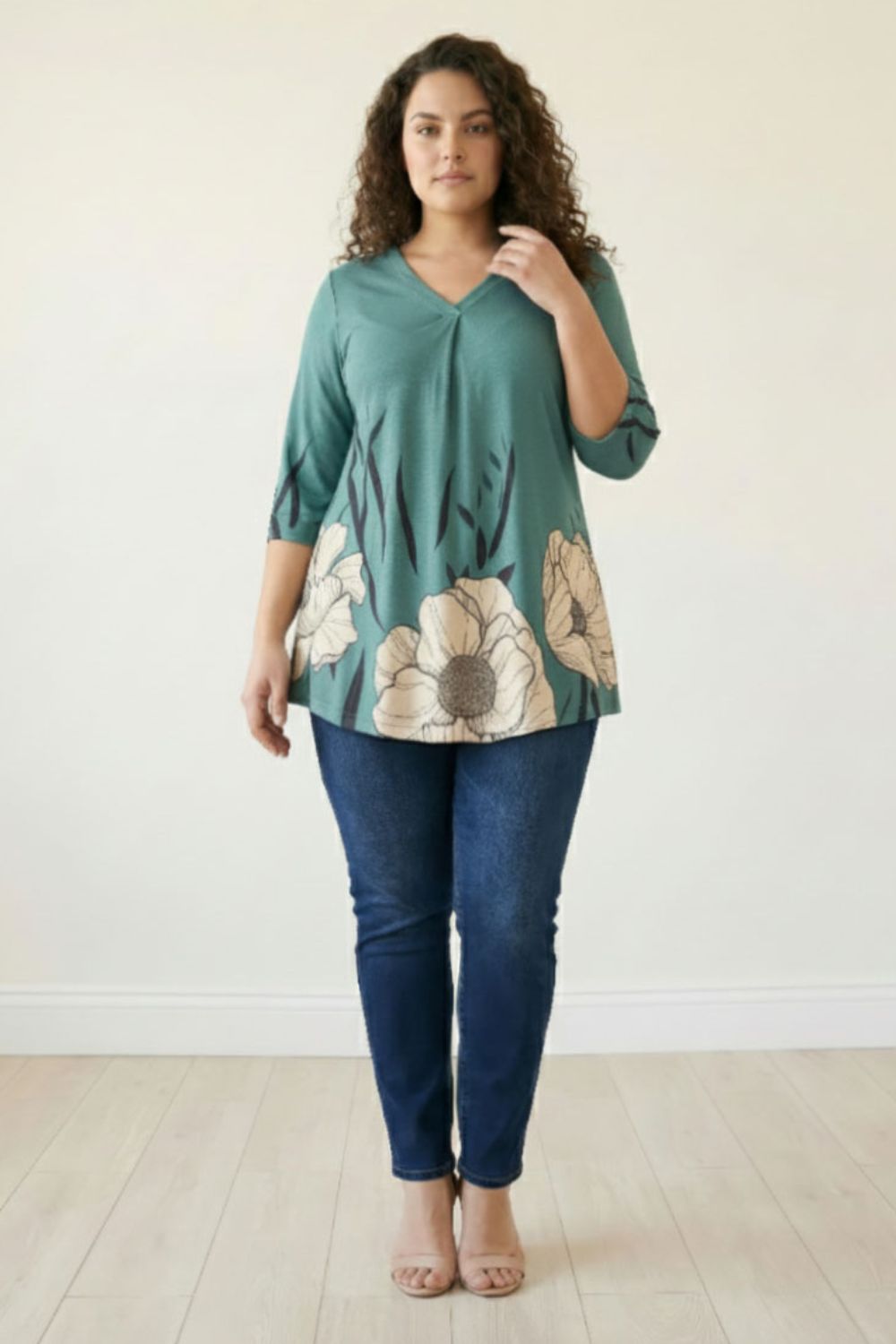 Plus Size Green Beige Print Centre Pleat Top