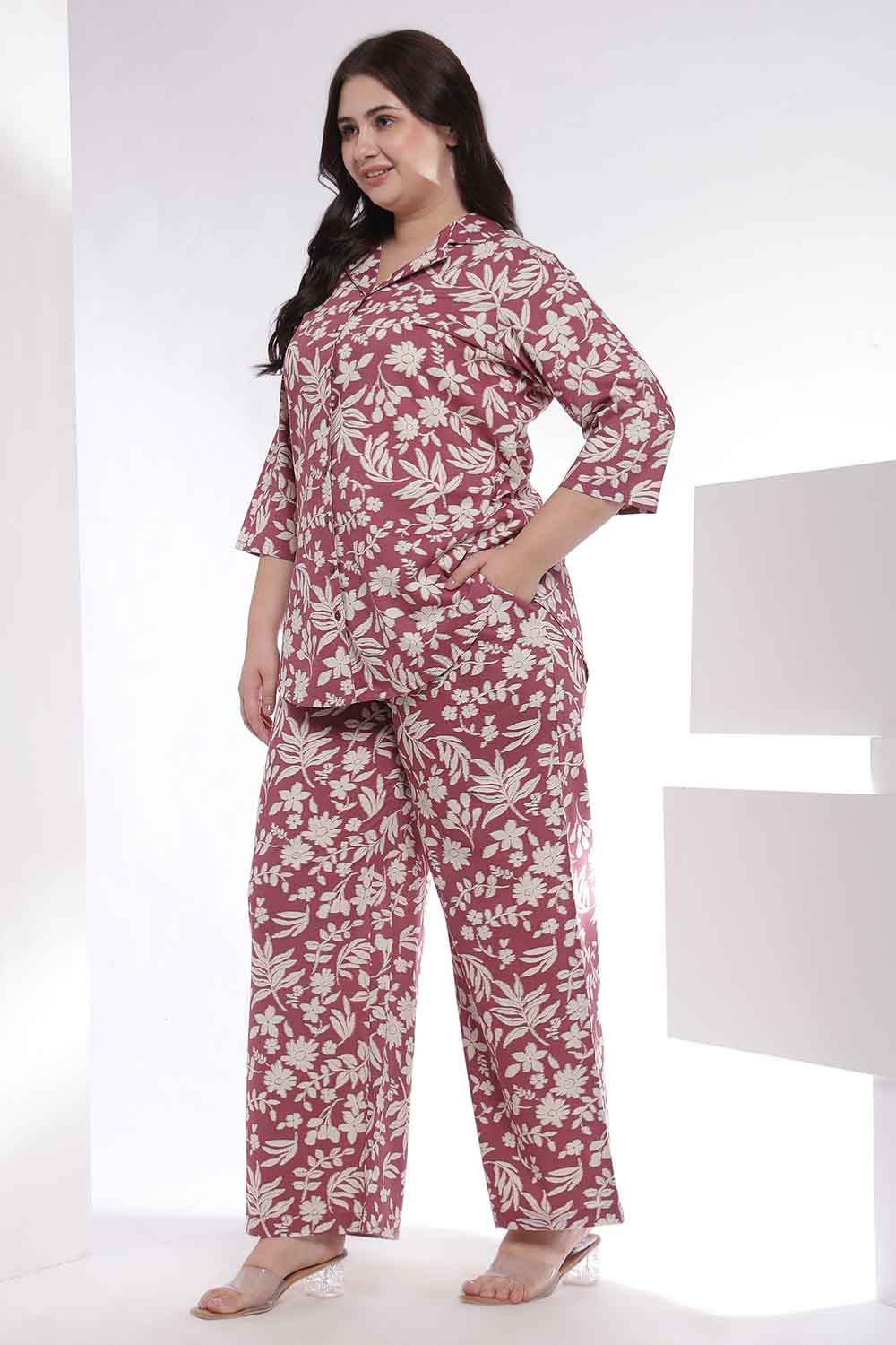 Plus Size Purple Taupe Floral Print Shirt Coord Set
