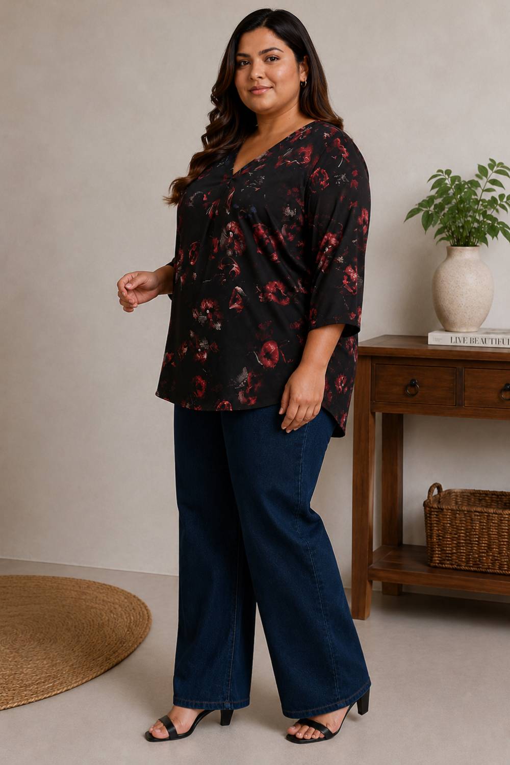Plus Size Black Floral Print V-Neck Satin Top