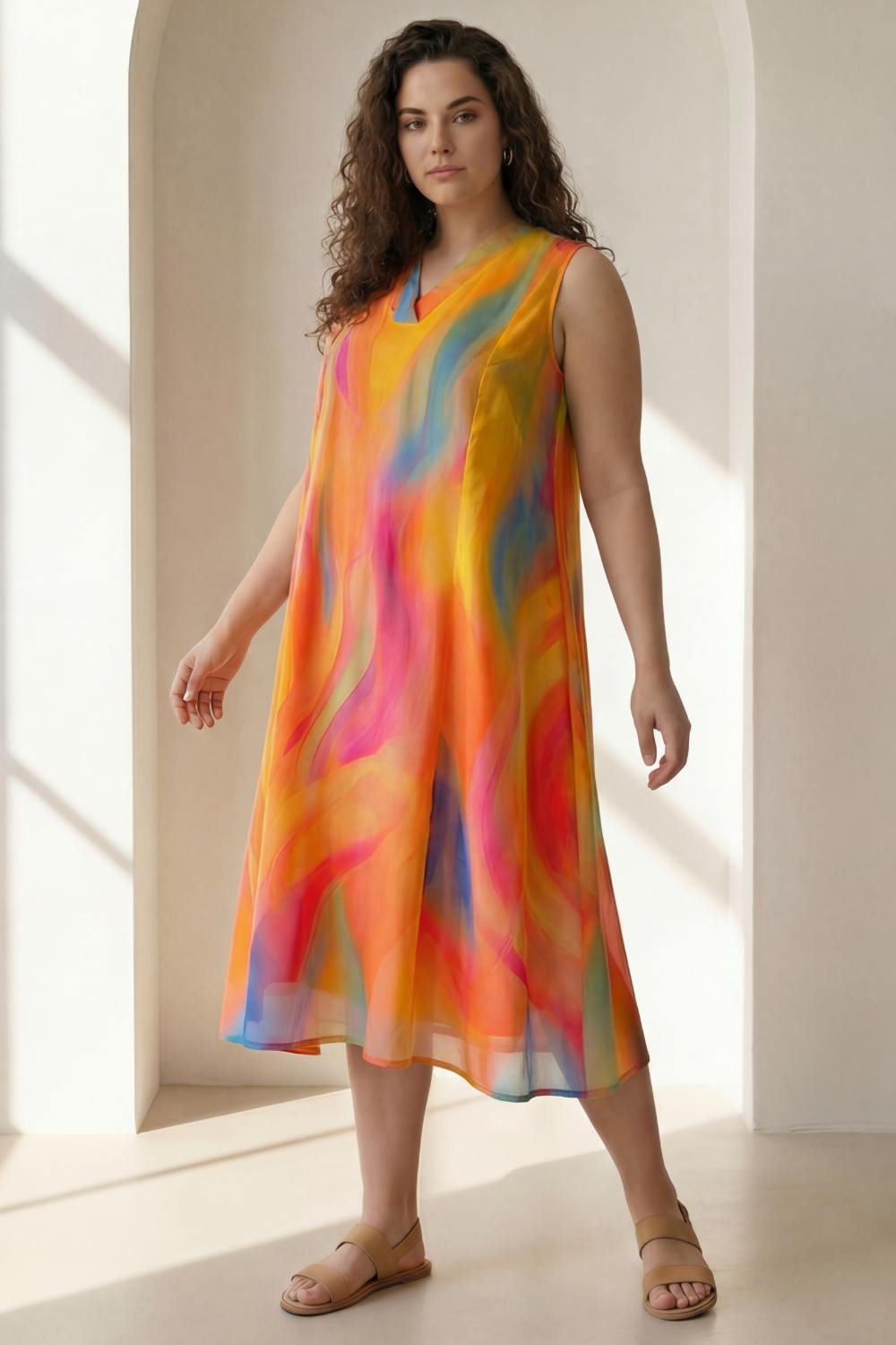 Plus Size Multicolor Abstract Print Sleeveless Cotton Midi Dress