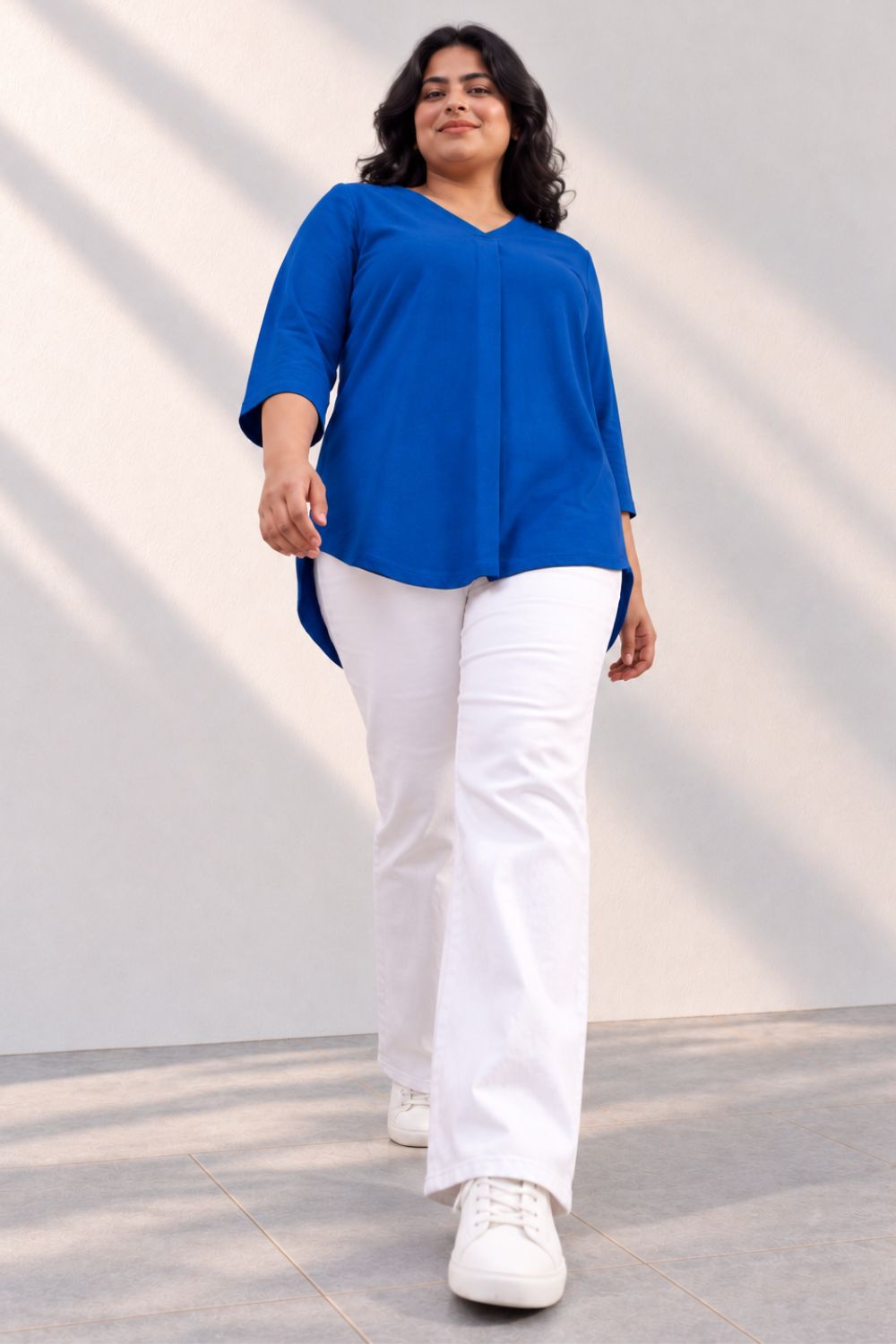 Plus Size SoftEase V Neck Blue Cotton Top