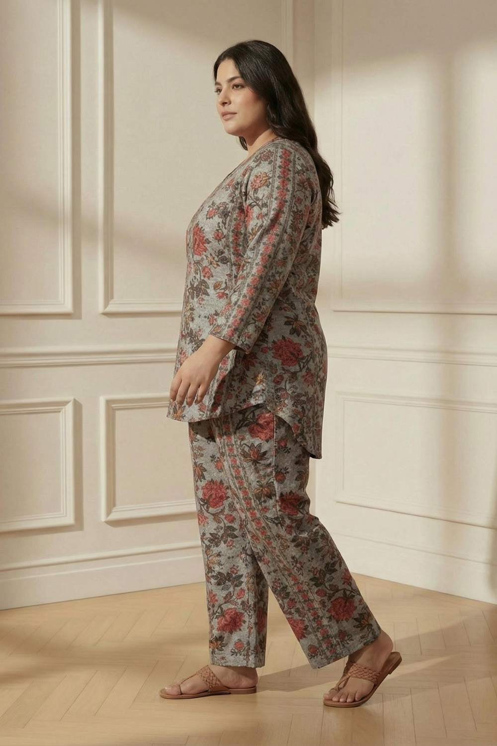 Plus Size Pink Ethnic Floral SnugWeave™ Winter Top Coord Set