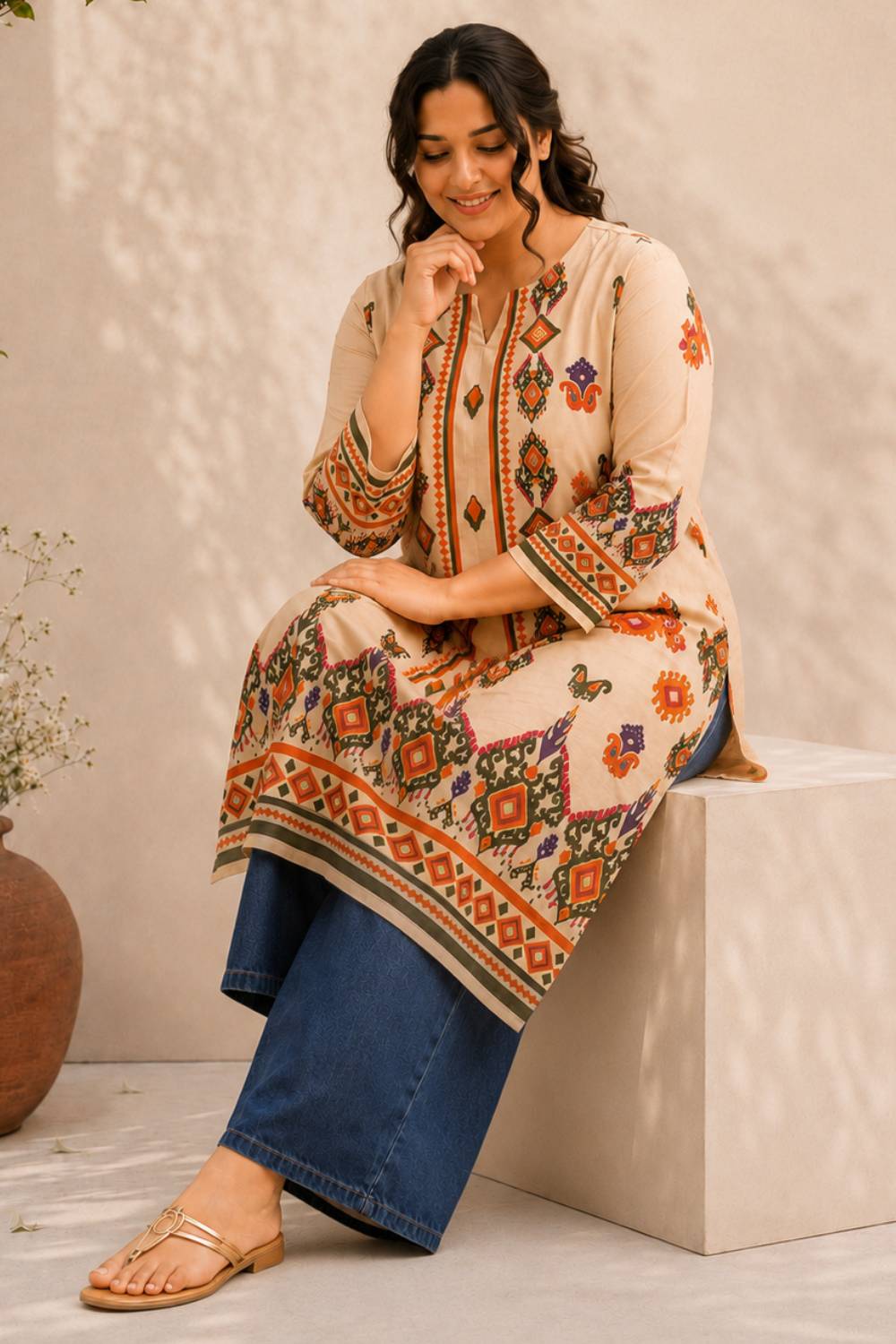 Plus Size Beige Ethnic Border Print cotton Kurti