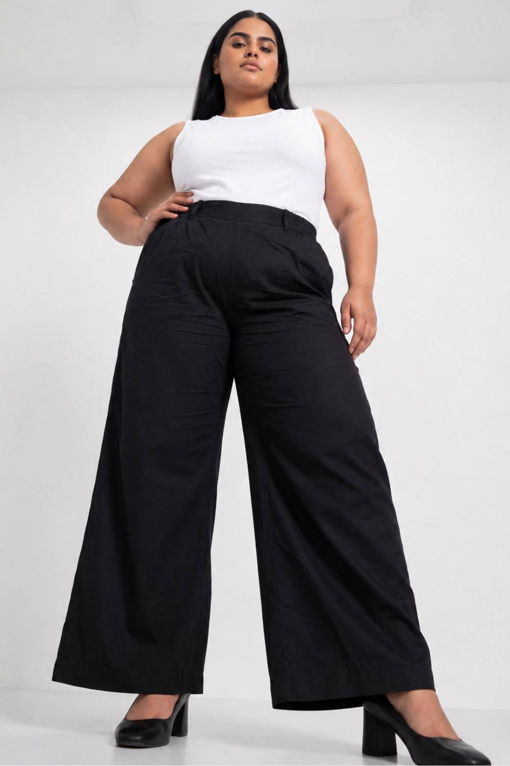 Plus Size Wide Leg Black Cotton Satin Pants