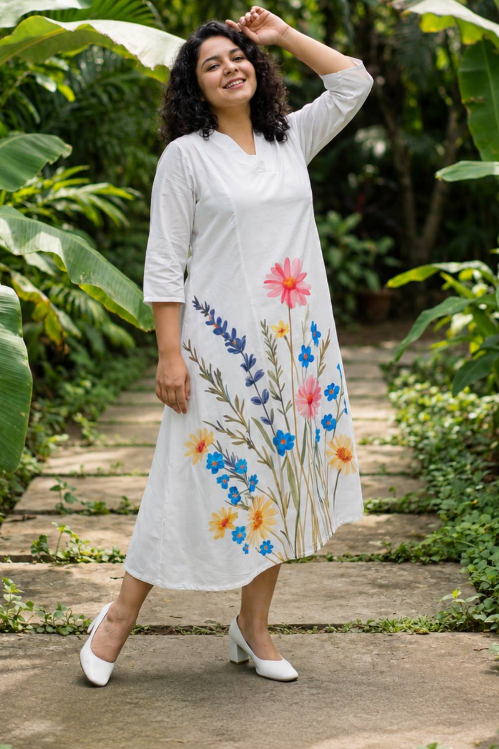 Plus Size White Floral Printed A-Line Midi Dress