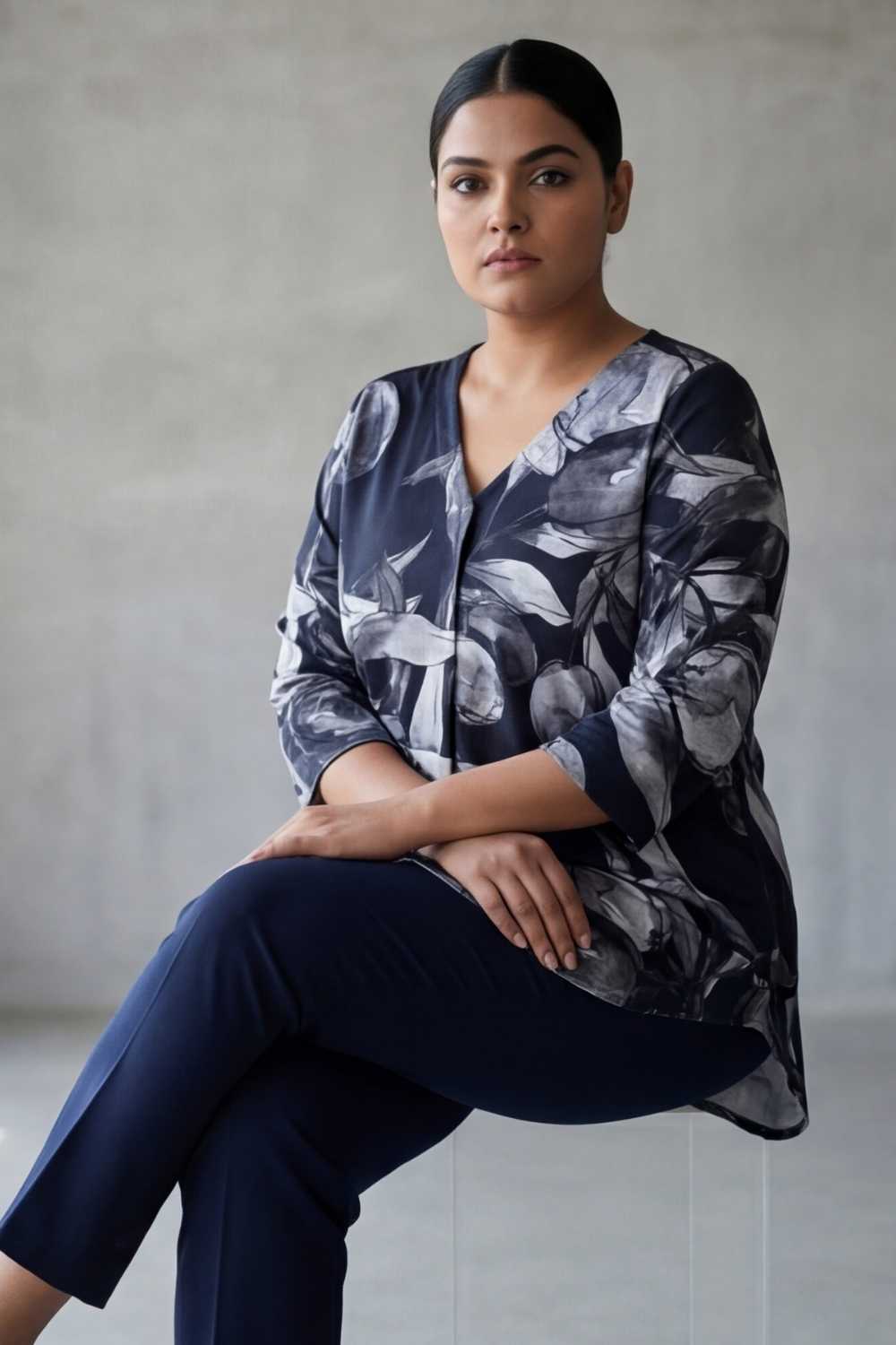 Plus Size Black Floral V Neck SnugWeave™ Winter Top