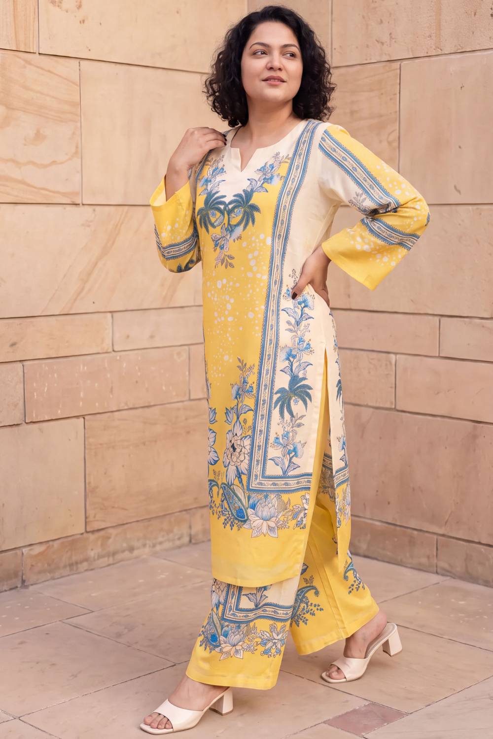 Plus Size Yellow Floral Print Cotton Kurta Coord Set