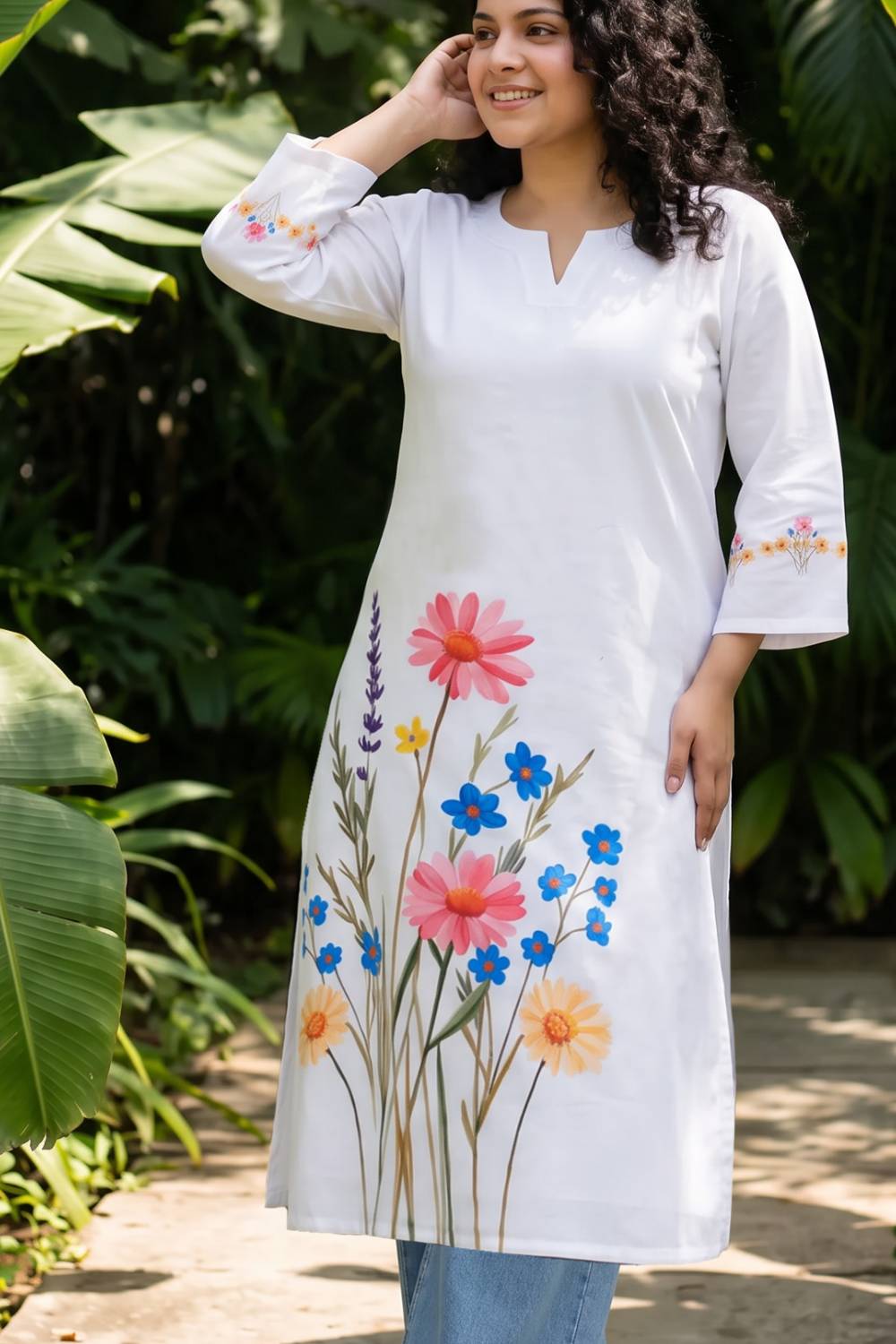 Plus Size White Floral Printed Cotton Kurta