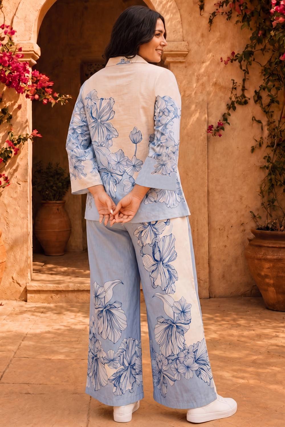 Plus Size Blue Floral Print Cotton Coord Set