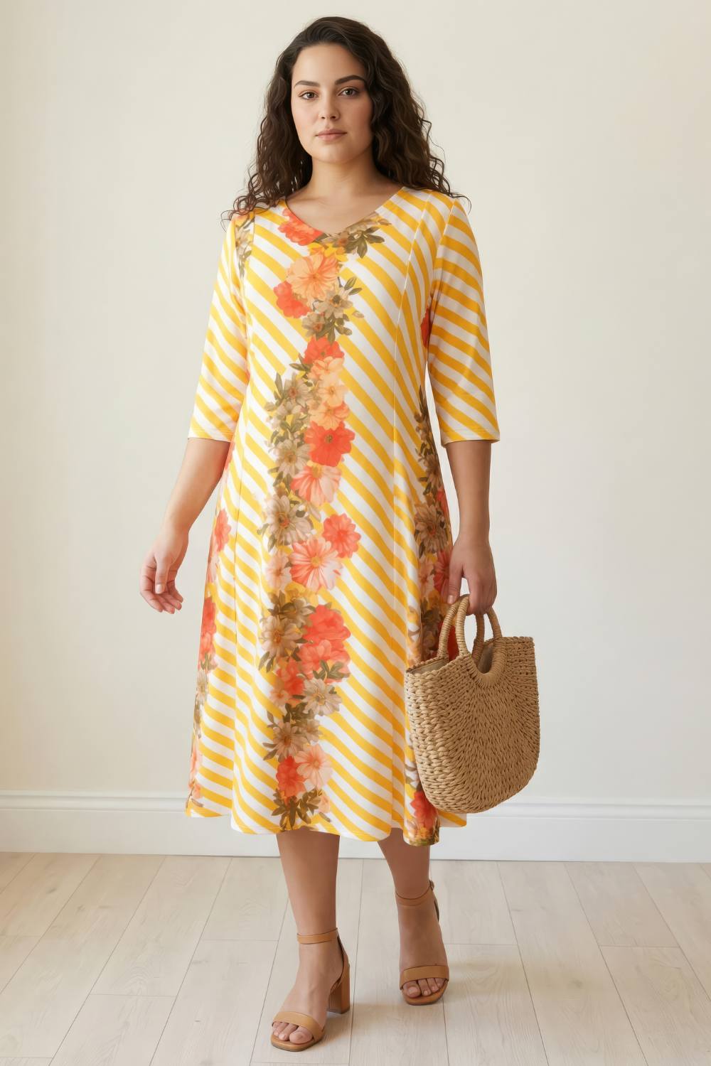 Plus Size Yellow Floral Stripe A line Dress