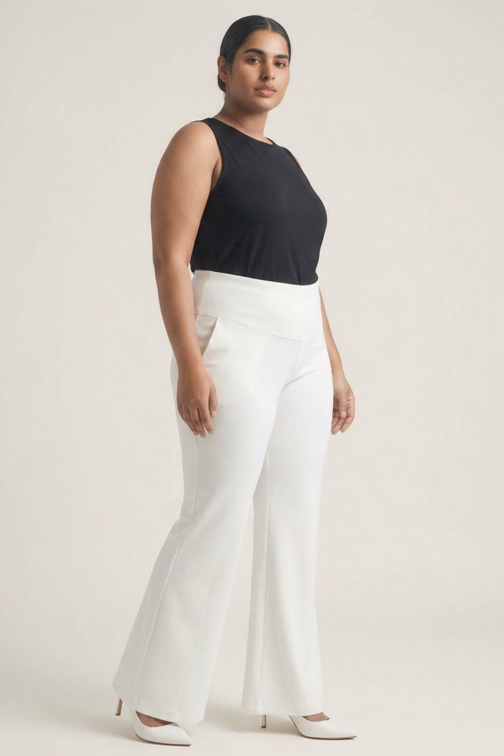 Plus Size White Tummy Shaper Flare Pants