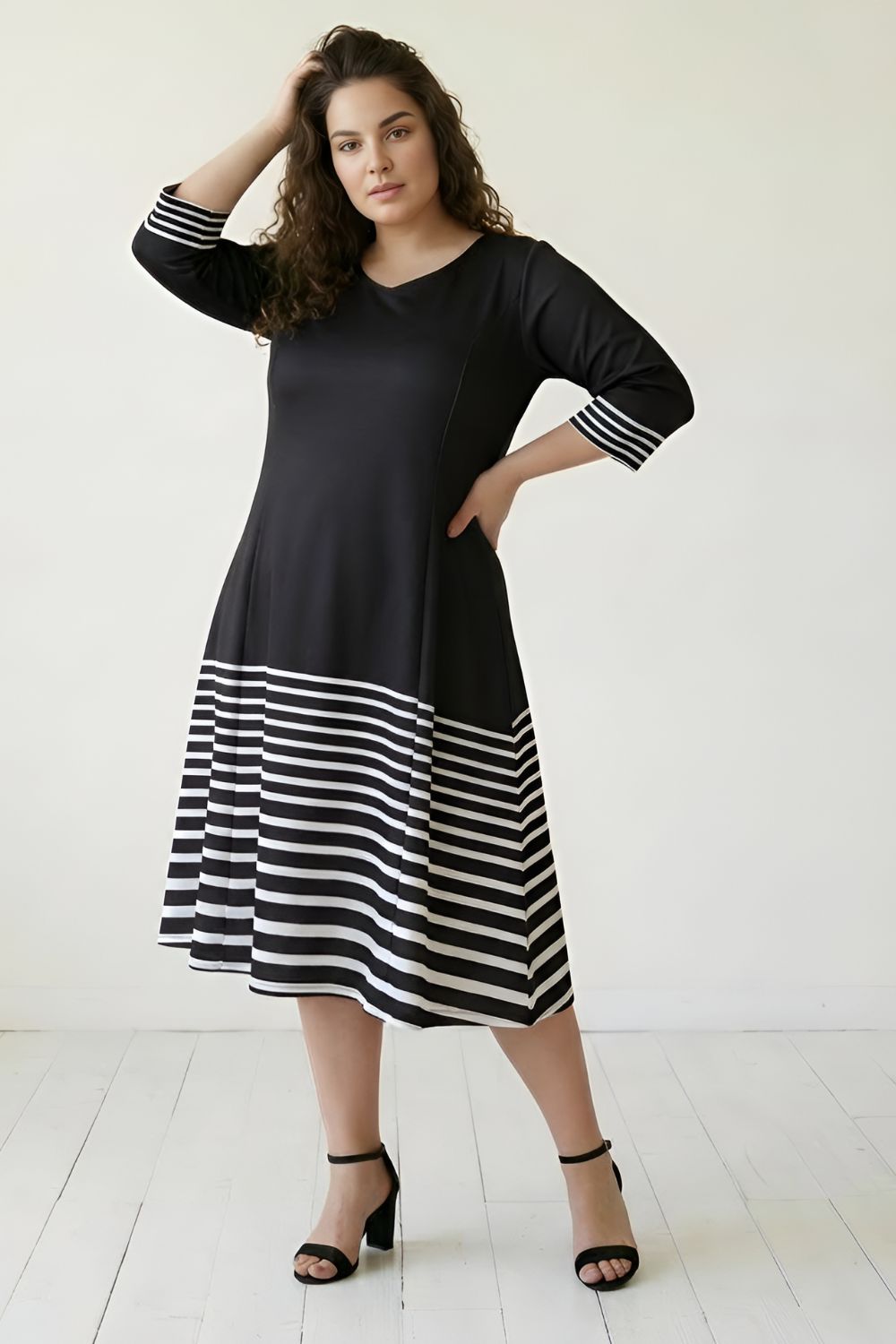 White Stripe Bottom Play Black Printed Dress