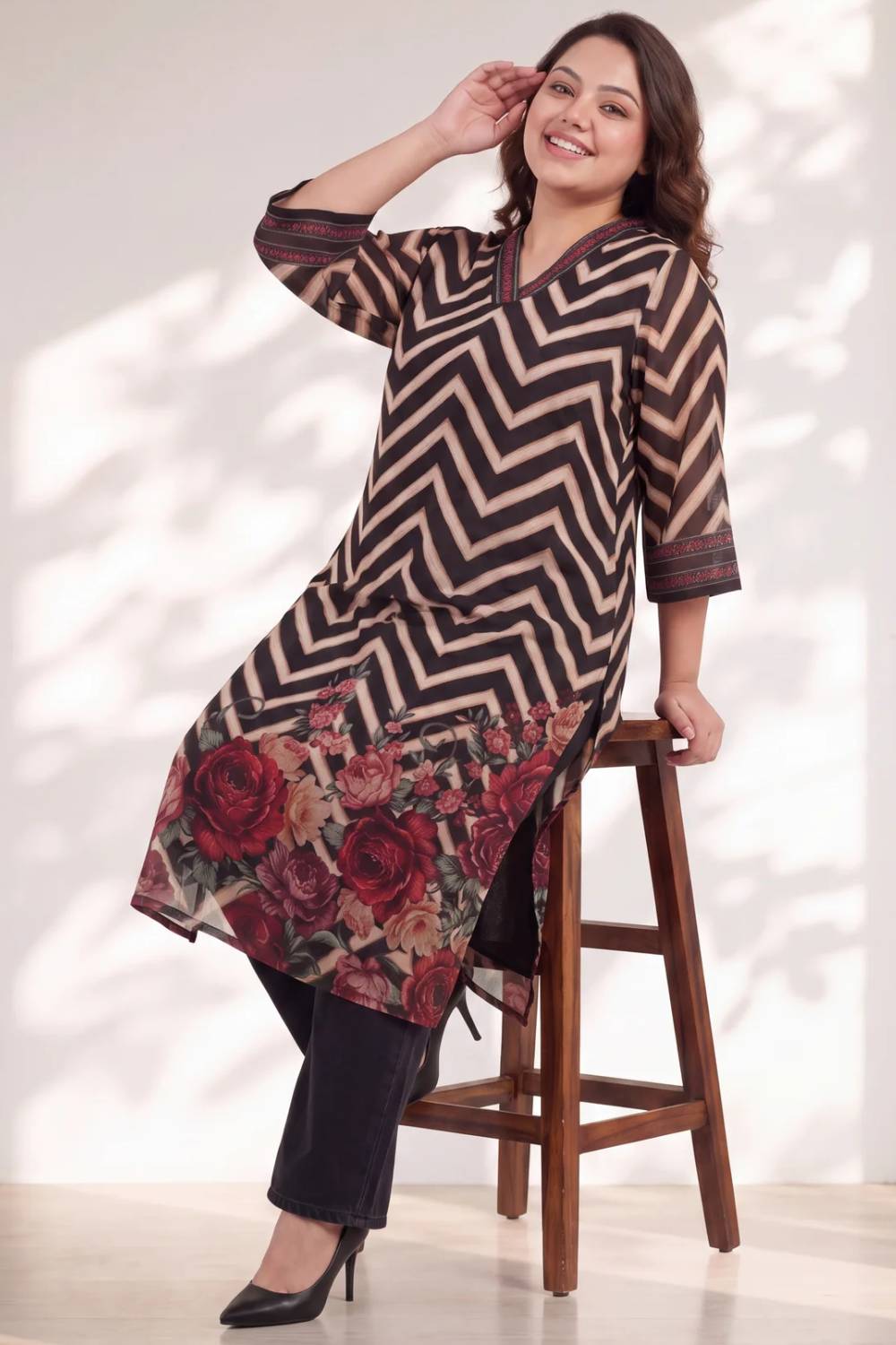 Plus Size Black Rose Chevron Print Kurta Satin Georgette Kurta