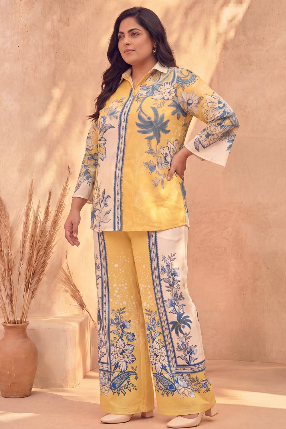 Plus Size Yellow Floral Printed Cotton Coord Set