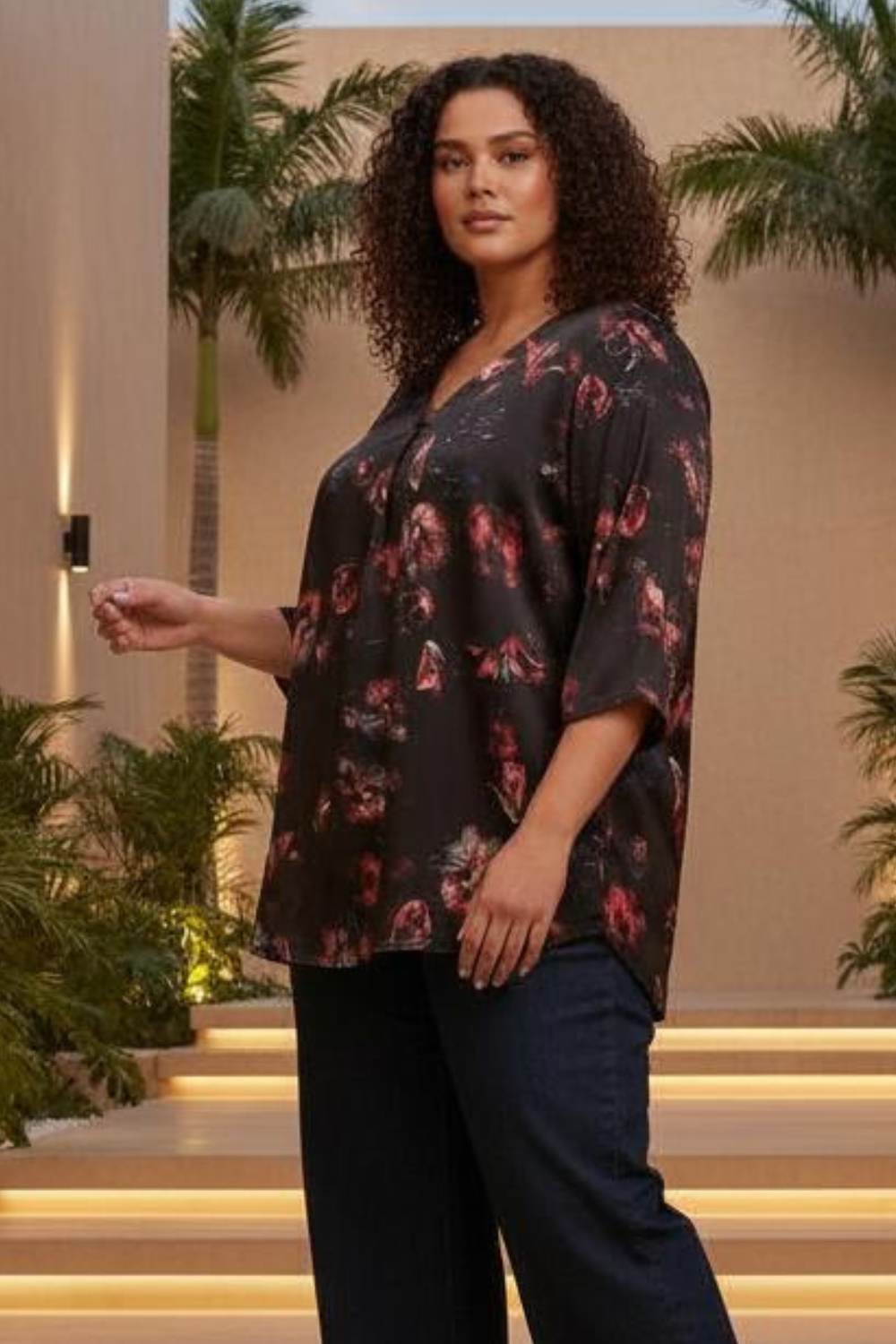 Plus Size Black Floral Print V-Neck Satin Top