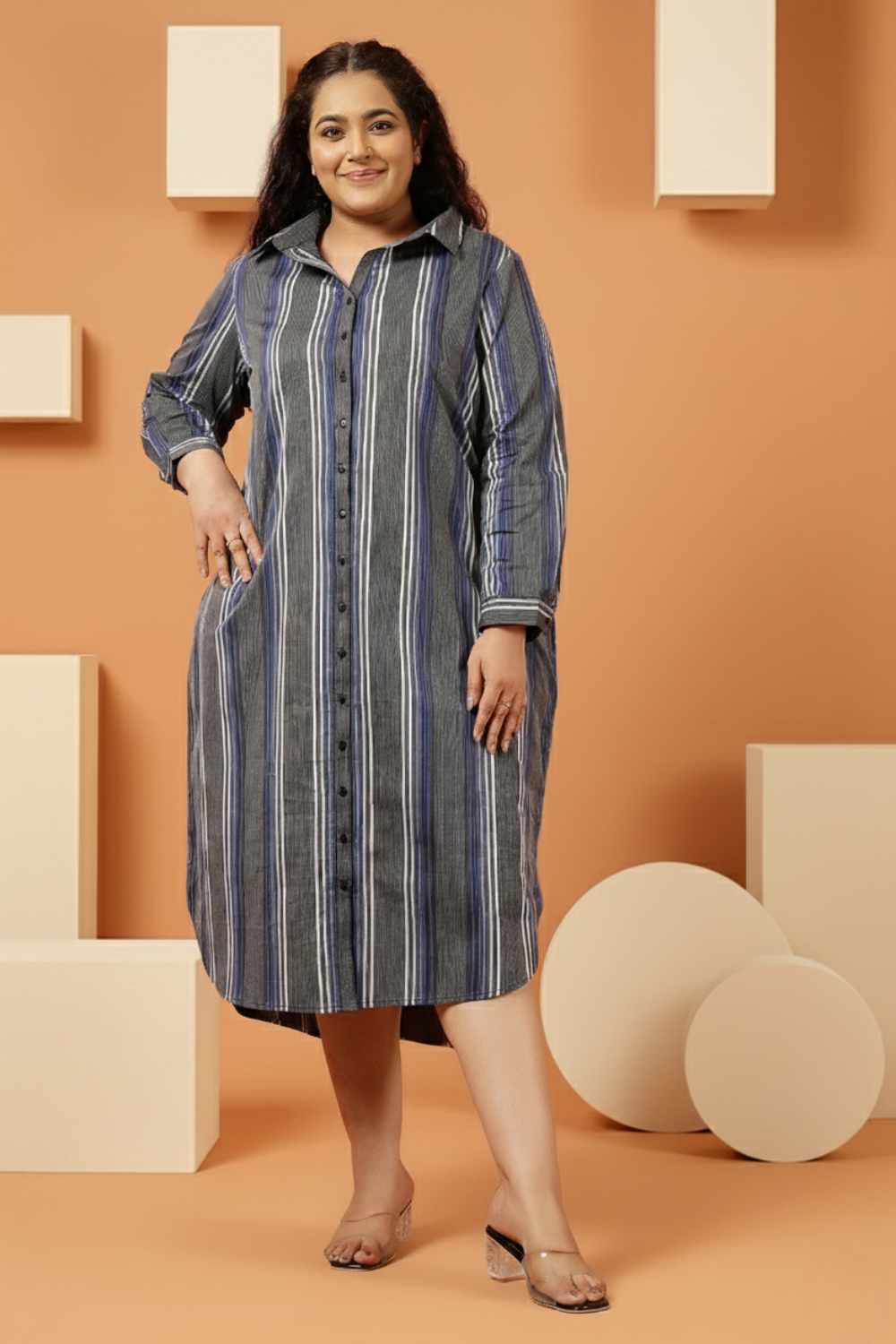 Plus Size Grey & Blue Striped Cotton Shirt Dress
