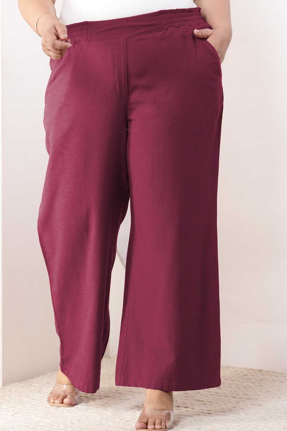 Plus Size Wine Cotton Linen High Waist Pants