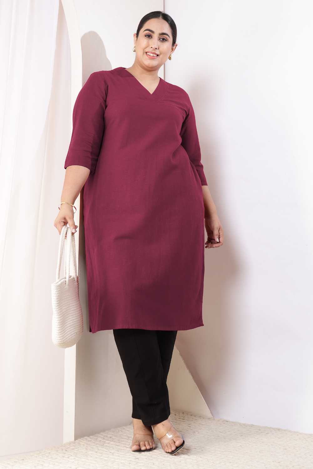 Plus Size Wine V-Neck Cotton Linen V Neck Kurta
