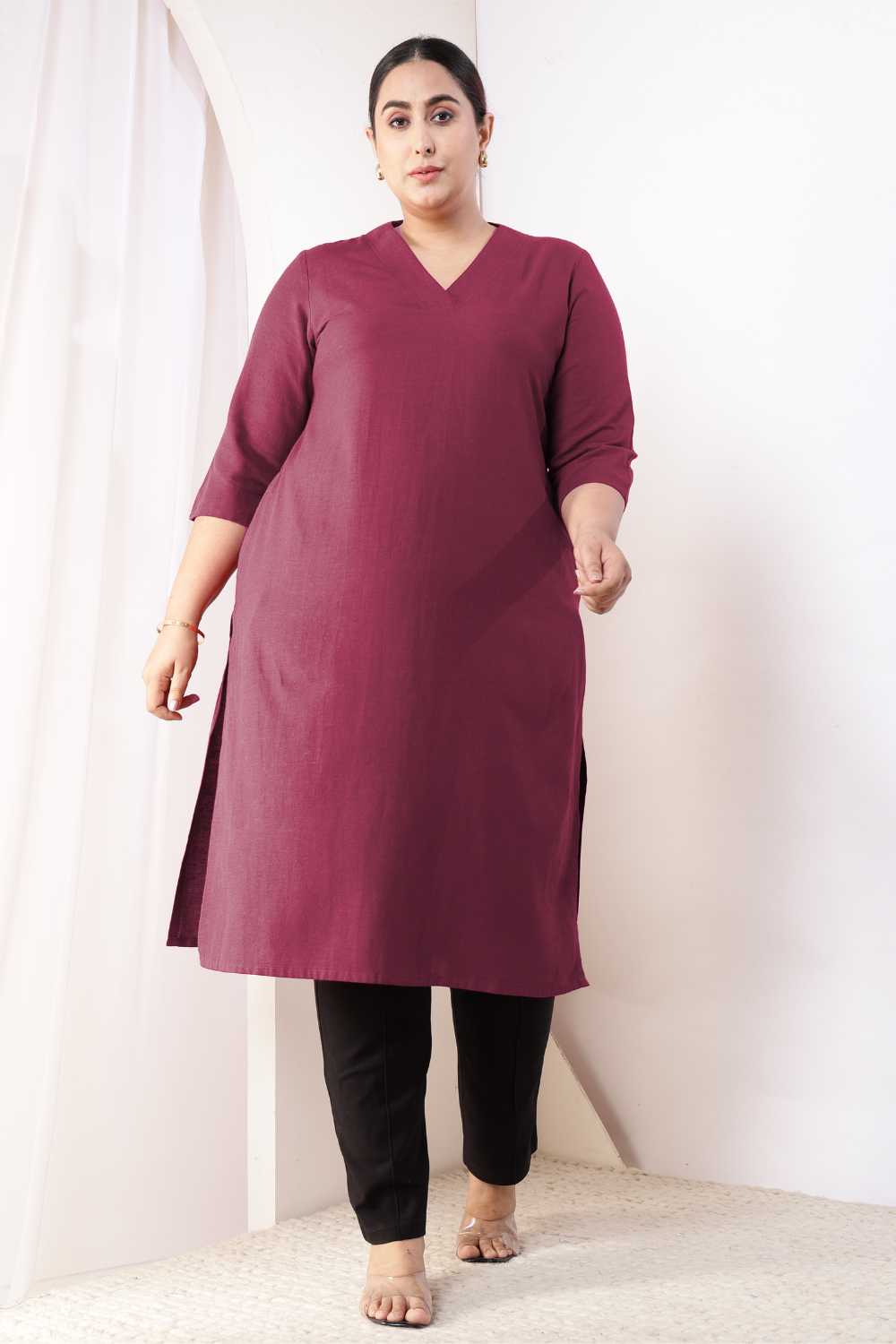 Plus Size Wine V-Neck Cotton Linen V Neck Kurta