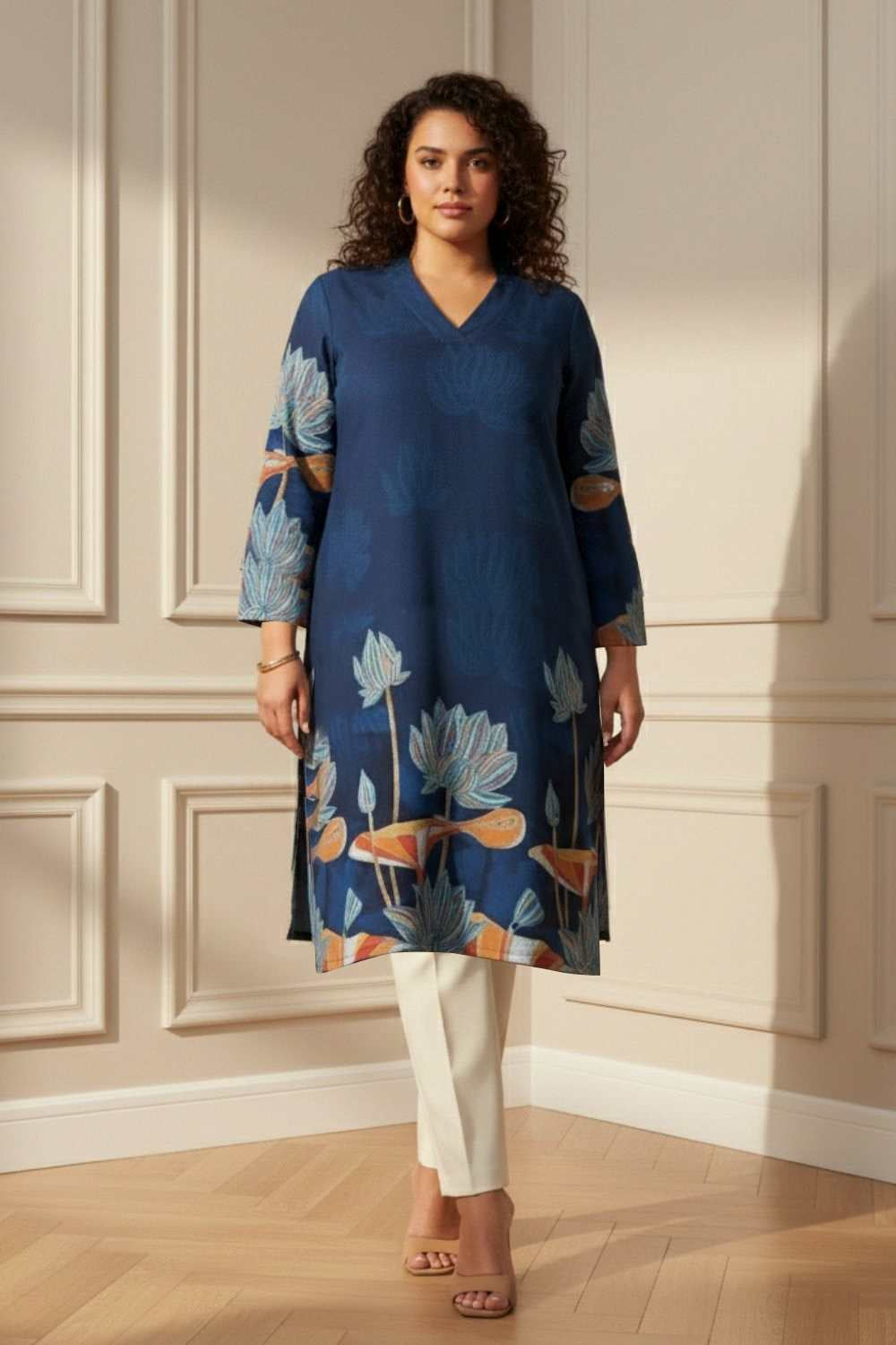 Plus Size Blue Floral SnugWeave™ Winter Kurta