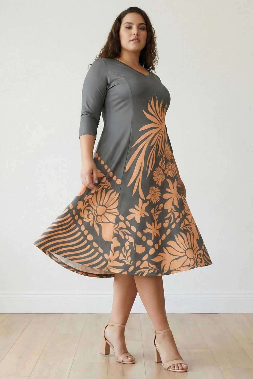 Plus Size Beige Green Ethnic Print A line Dress