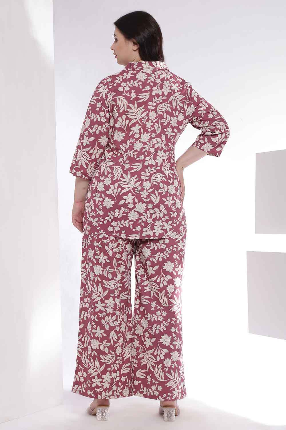 Plus Size Purple Taupe Floral Print Shirt Coord Set