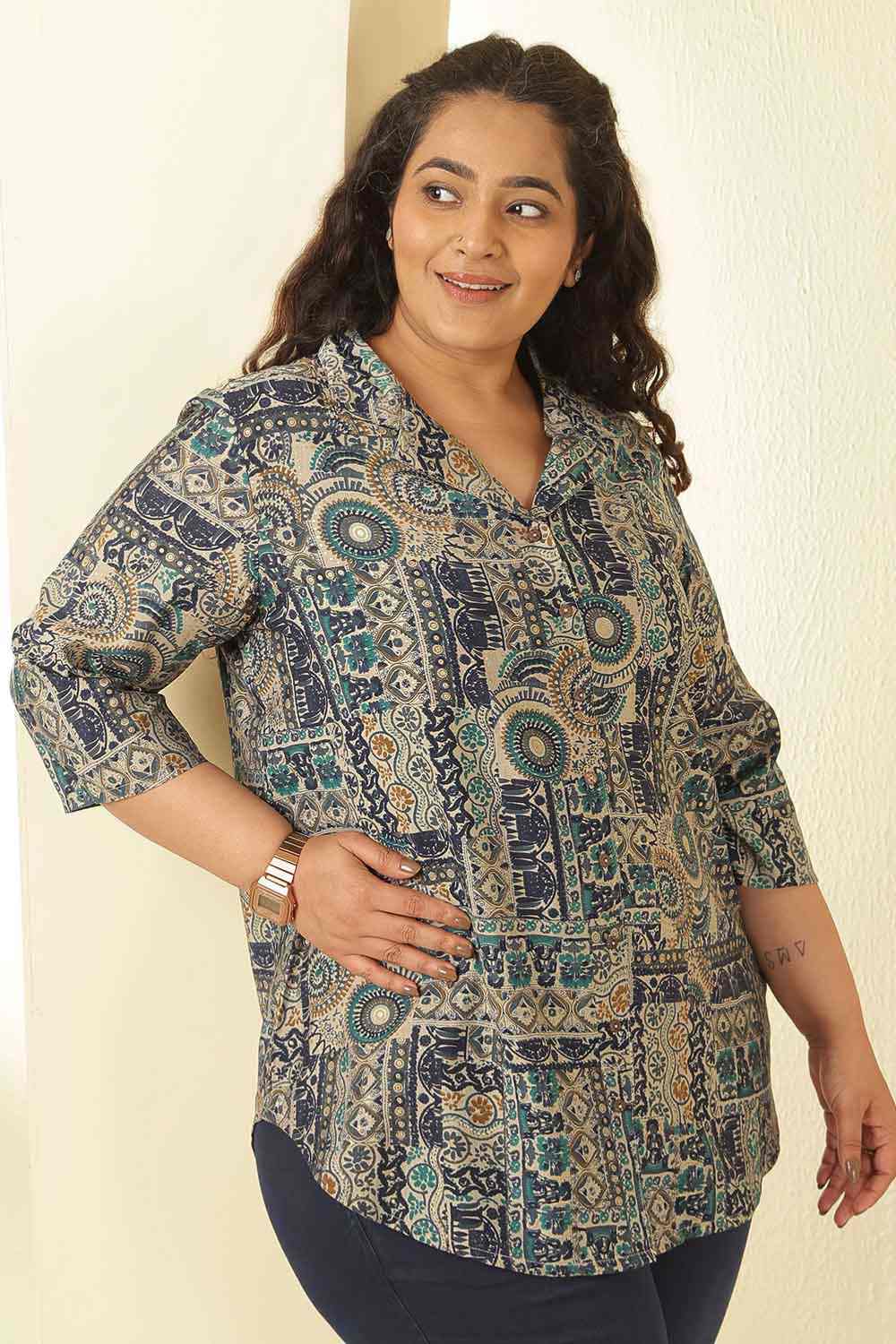 Plus Size Blue Ethnic Print Cuban Collar Rayon Muslin Shirt