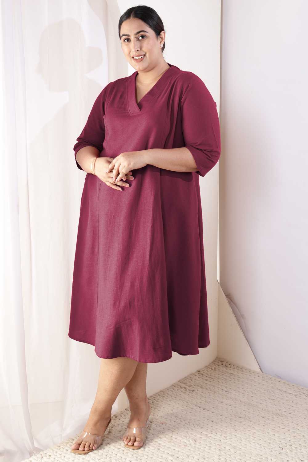 Plus Size Wine Cotton Linen Midi Dress